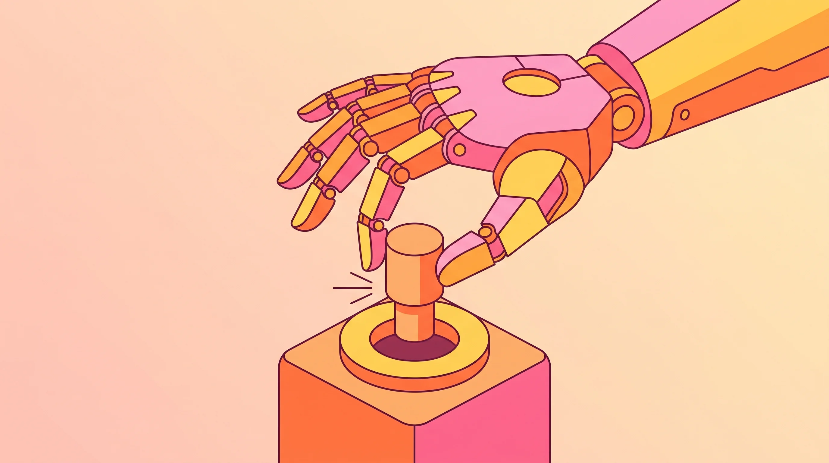 Digital illustration for article section "The Tactile Frontier" in "The Race to Give Factory Robots Human-Like Reasoning" - A modern commercial illustration of a sleek, stylized robotic hand delicately holding and inserting ...