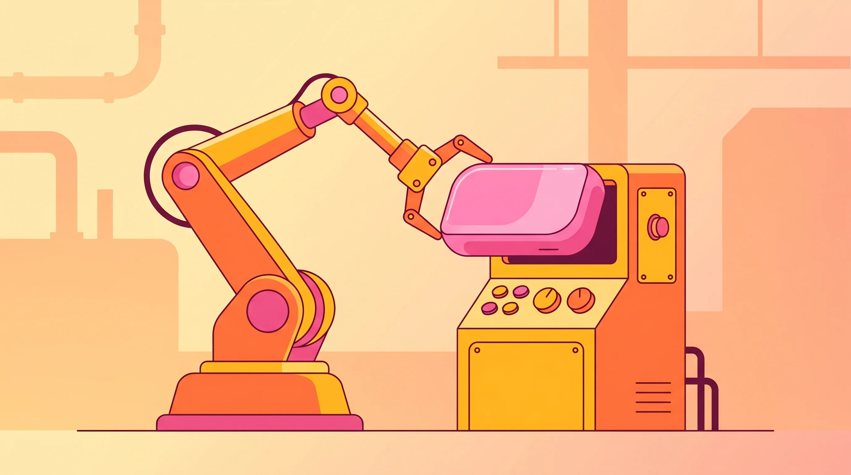 Digital illustration for article section "Platform Wars and the Integration Challenge" in "The Race to Give Factory Robots Human-Like Reasoning" - A modern illustration depicting the integration of advanced digital systems into a traditional facto...