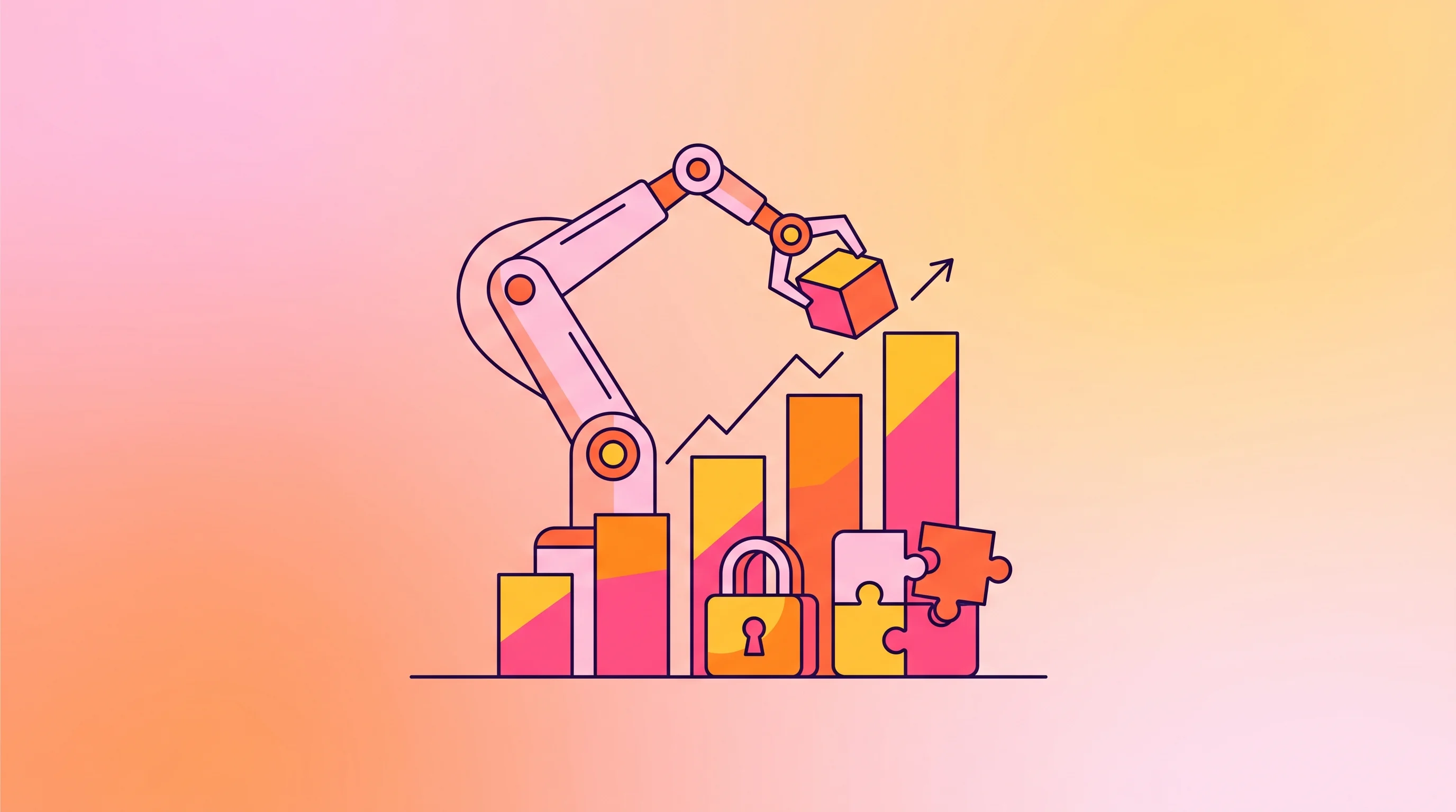 Digital illustration for article section "What Comes Next" in "The Race to Give Factory Robots Human-Like Reasoning" - A modern, clean illustration of a sleek, simplified industrial robot arm gently placing a geometric ...