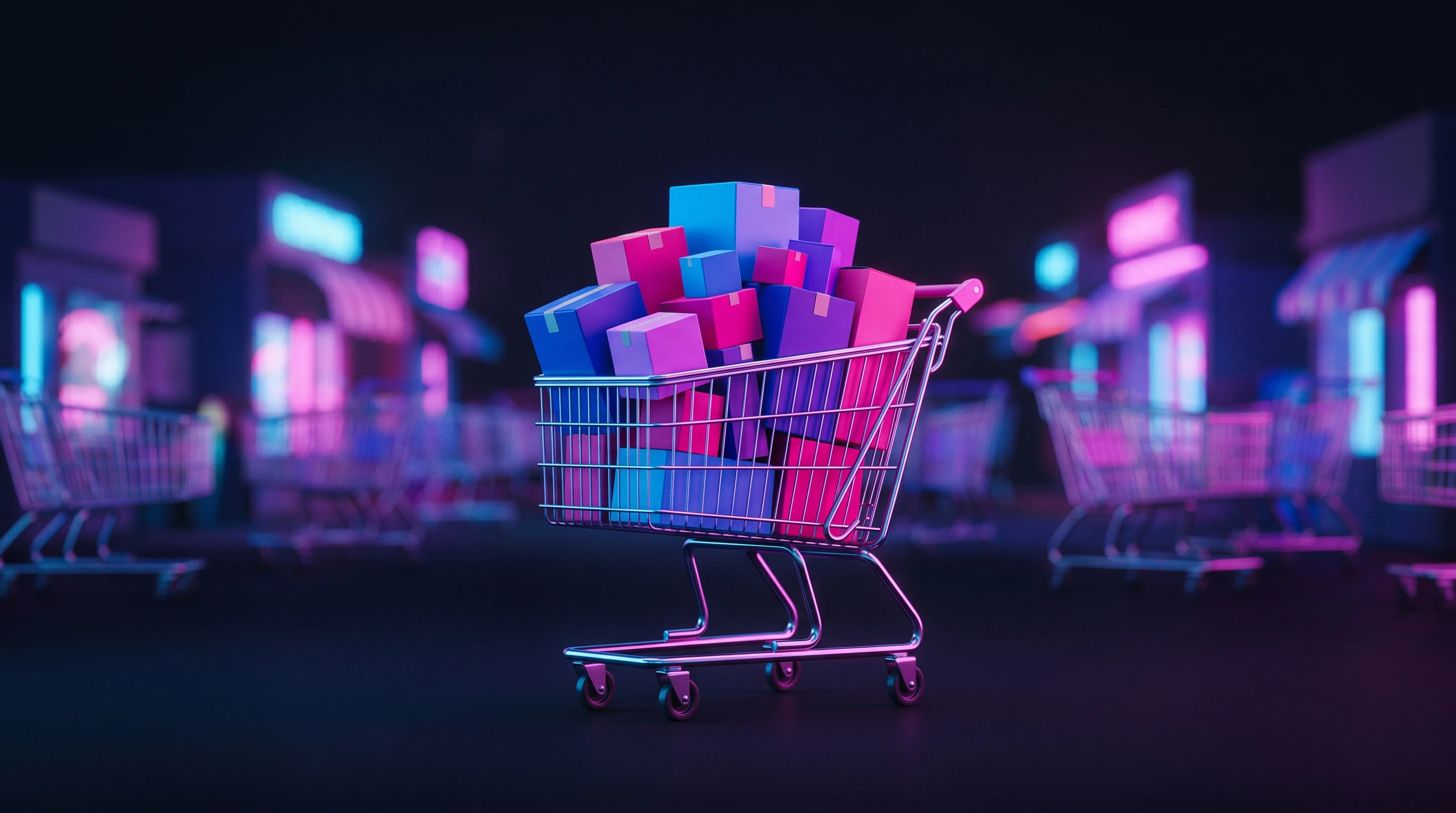 Digital illustration for article section "A Crowded Moment for AI Commerce" in "YC's Amboras Puts E-Commerce on Autopilot With AI-Native Platform" - A conceptual and minimalist representation of a crowded e-commerce marketplace, featuring a sleek, s...