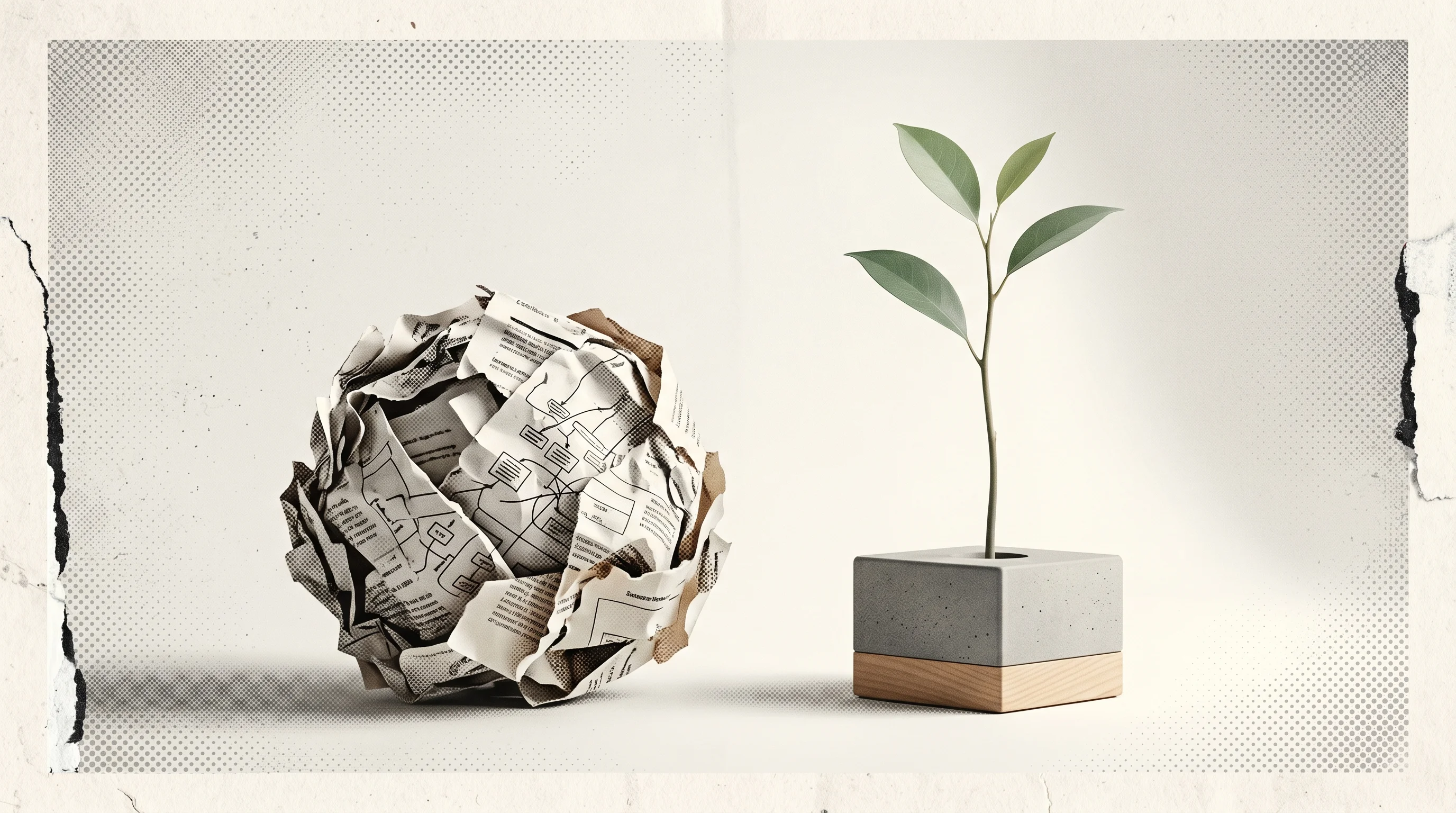 Digital illustration for article section "What Forest Actually Does" in "Forest's Unverified Series B: Innovation Platform's Funding Claims" - A conceptual, minimalist still life representing the elimination of corporate software bloat, featur...