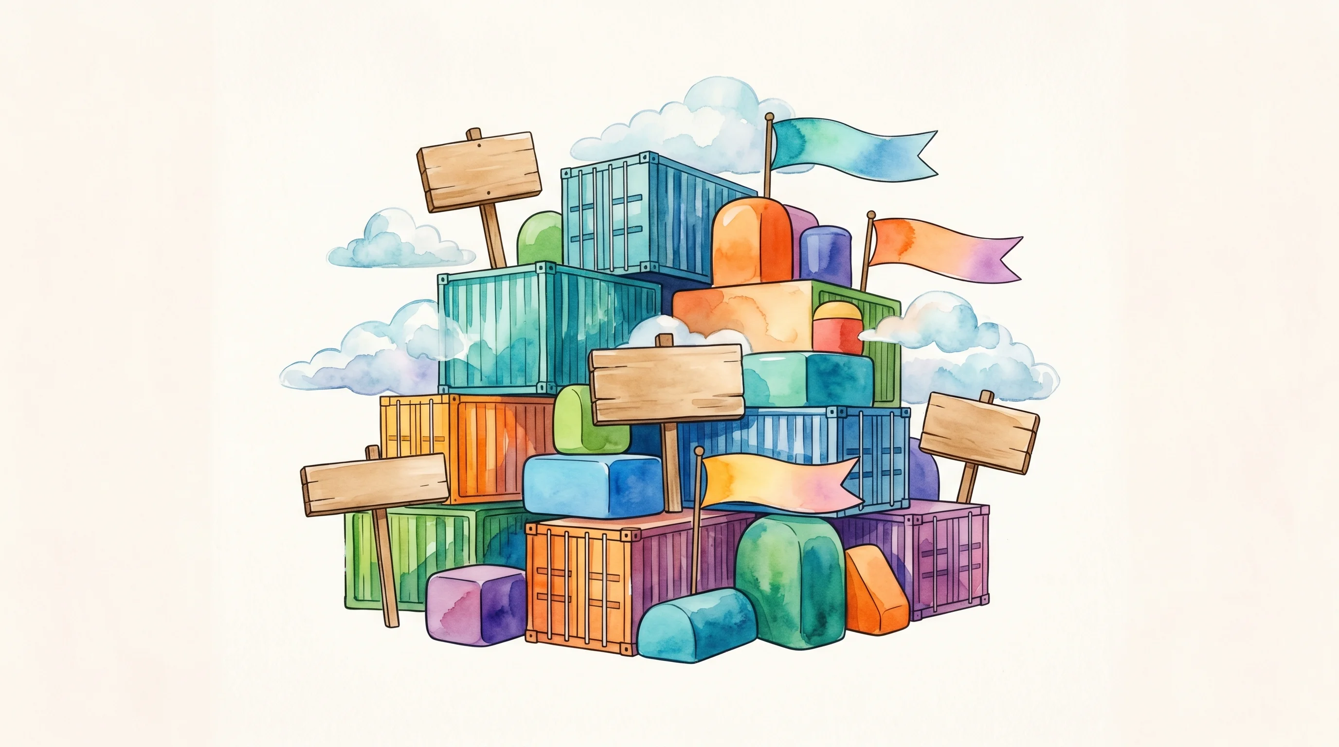 Digital illustration for article section "A Crowded, Chaotic Market" in "Clawvisor Launches Authorization Layer to Keep AI Agents in Check" - A whimsical, modern watercolor illustration depicting a slightly chaotic but visually clean cluster ...