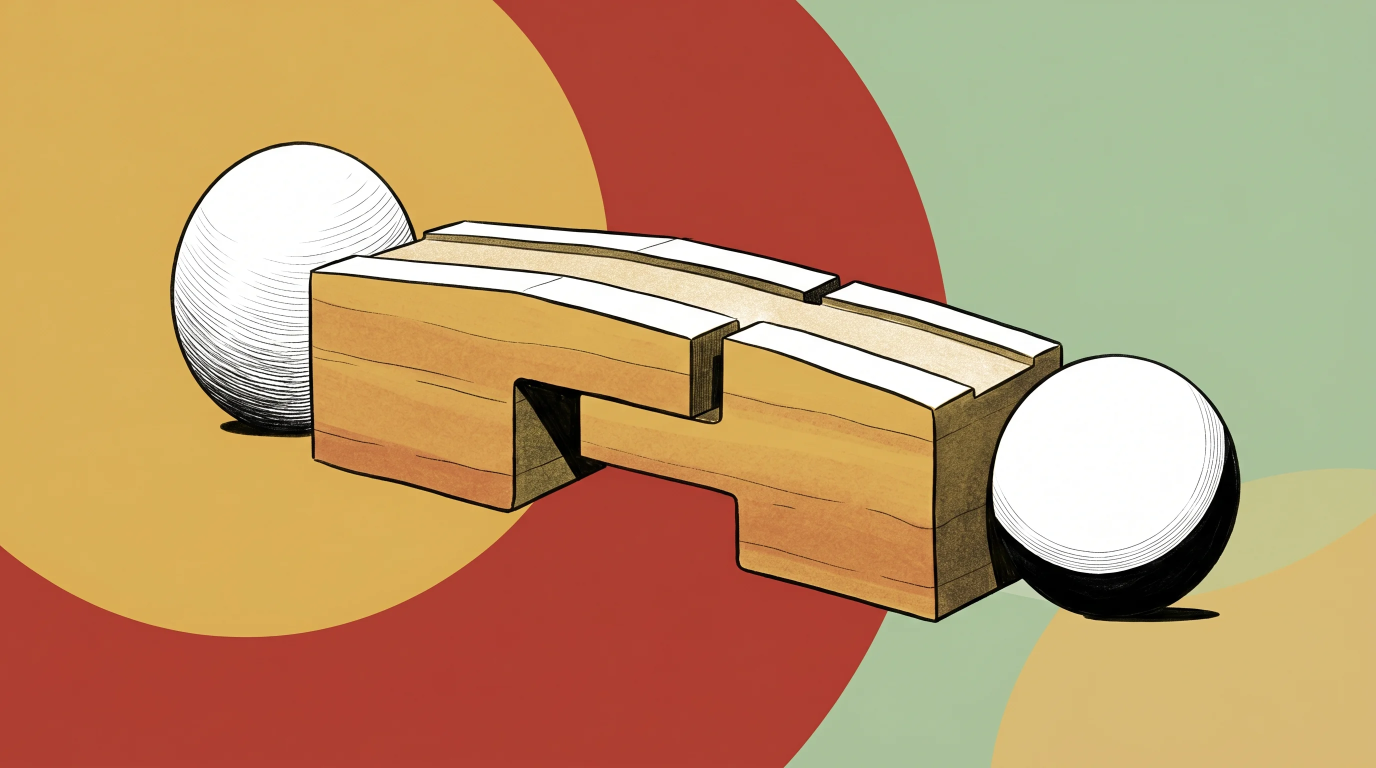 Digital illustration for article section "The Two-Person Fix" in "YC-Backed ReasonBlocks Stops AI Agents From Burning Money Mid-Run" - A minimalist illustration of two solid, interlocking foundational blocks forming a sturdy, elegant b...