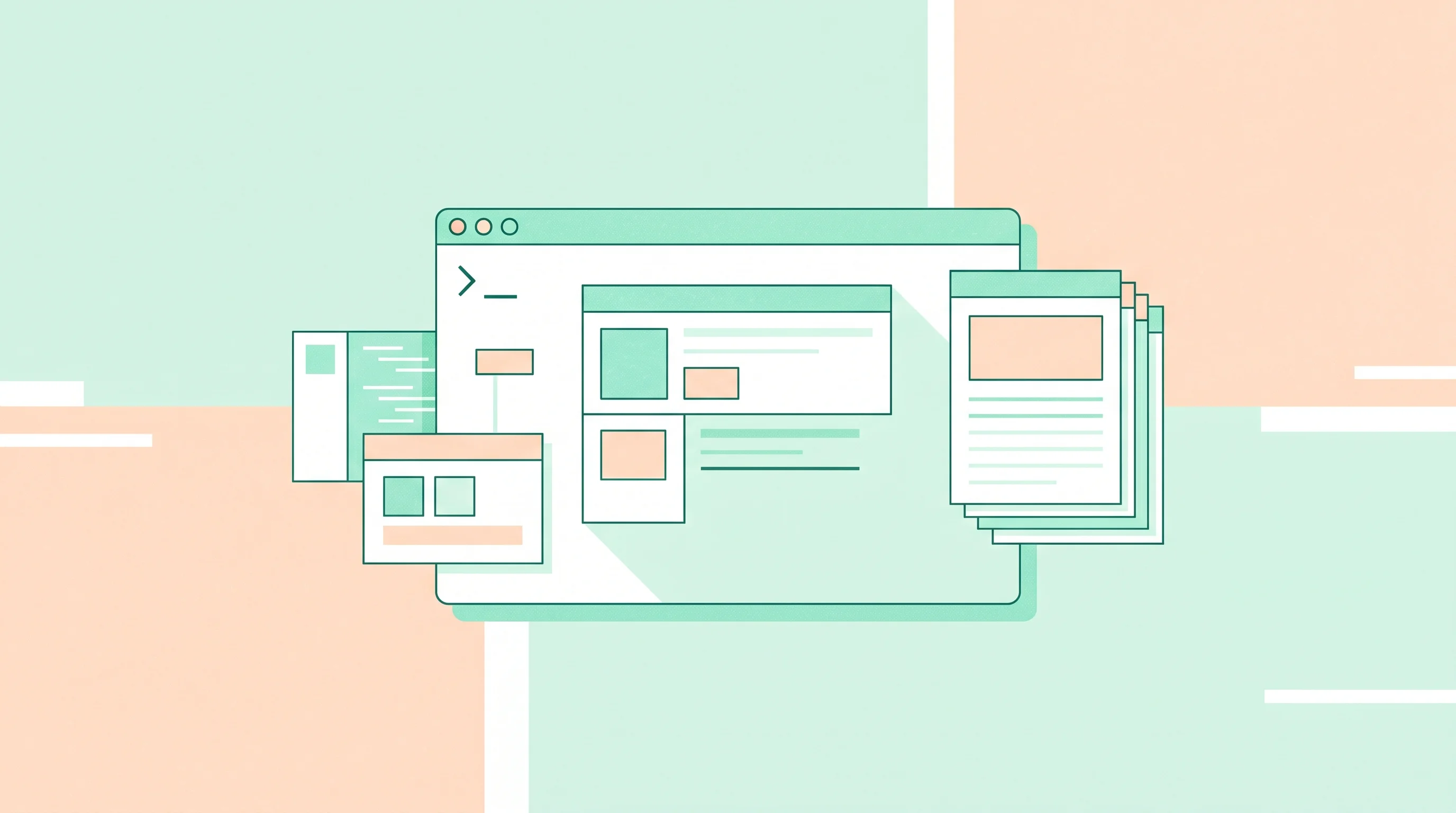 Digital illustration for article section "Opening the CLI" in "Stage Rethinks Code Review for the AI Development Era" - A minimalist, modern flat vector illustration of a sleek, abstract computer terminal window smoothly...