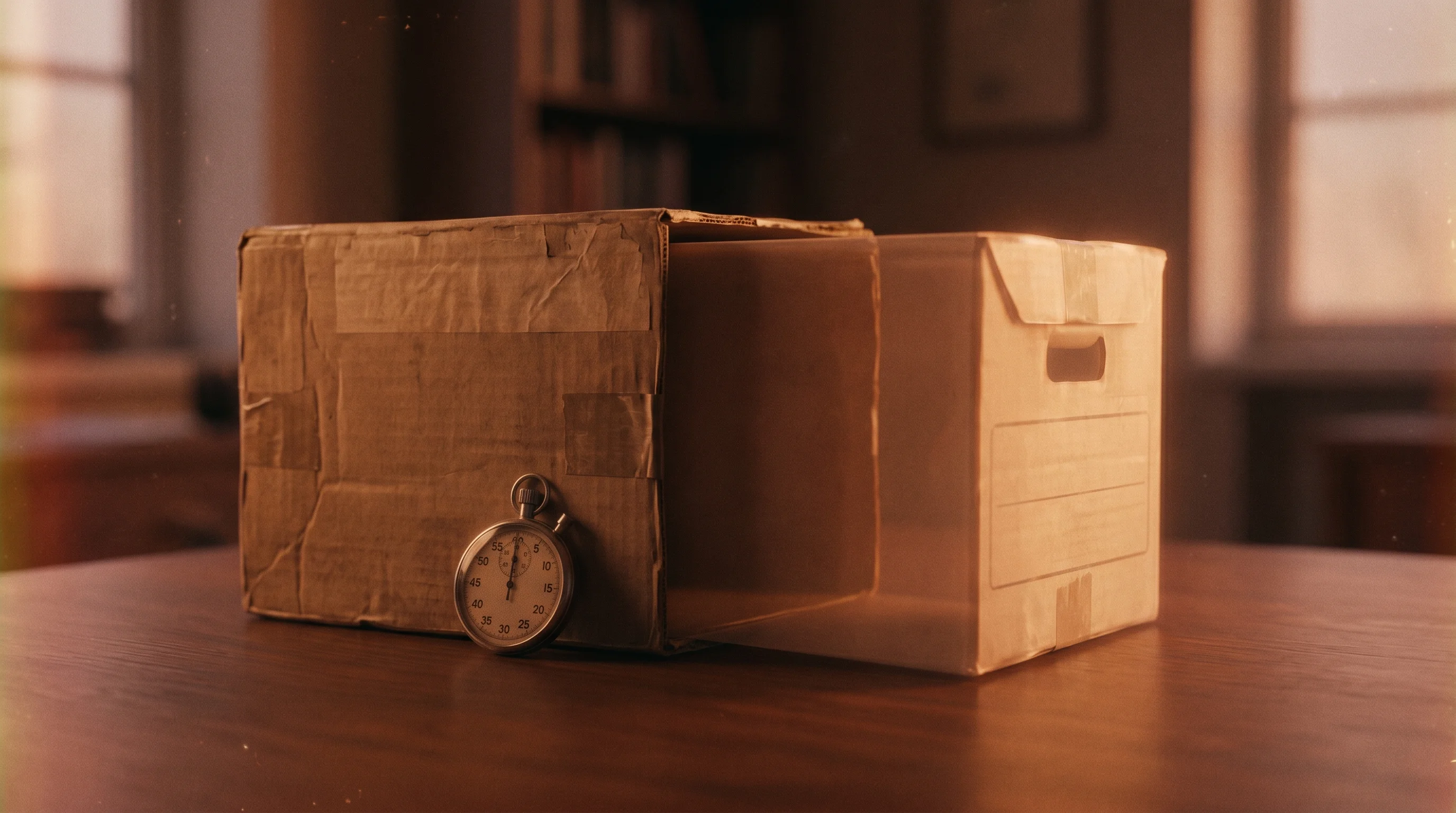 Digital illustration for article section "Git for Databases, Sort Of" in "Ardent Launches 6-Second Database Cloning for AI Agent Testing" - A massive, heavy vintage archive box resting on a clean, minimalist surface, from which a flawless, ...