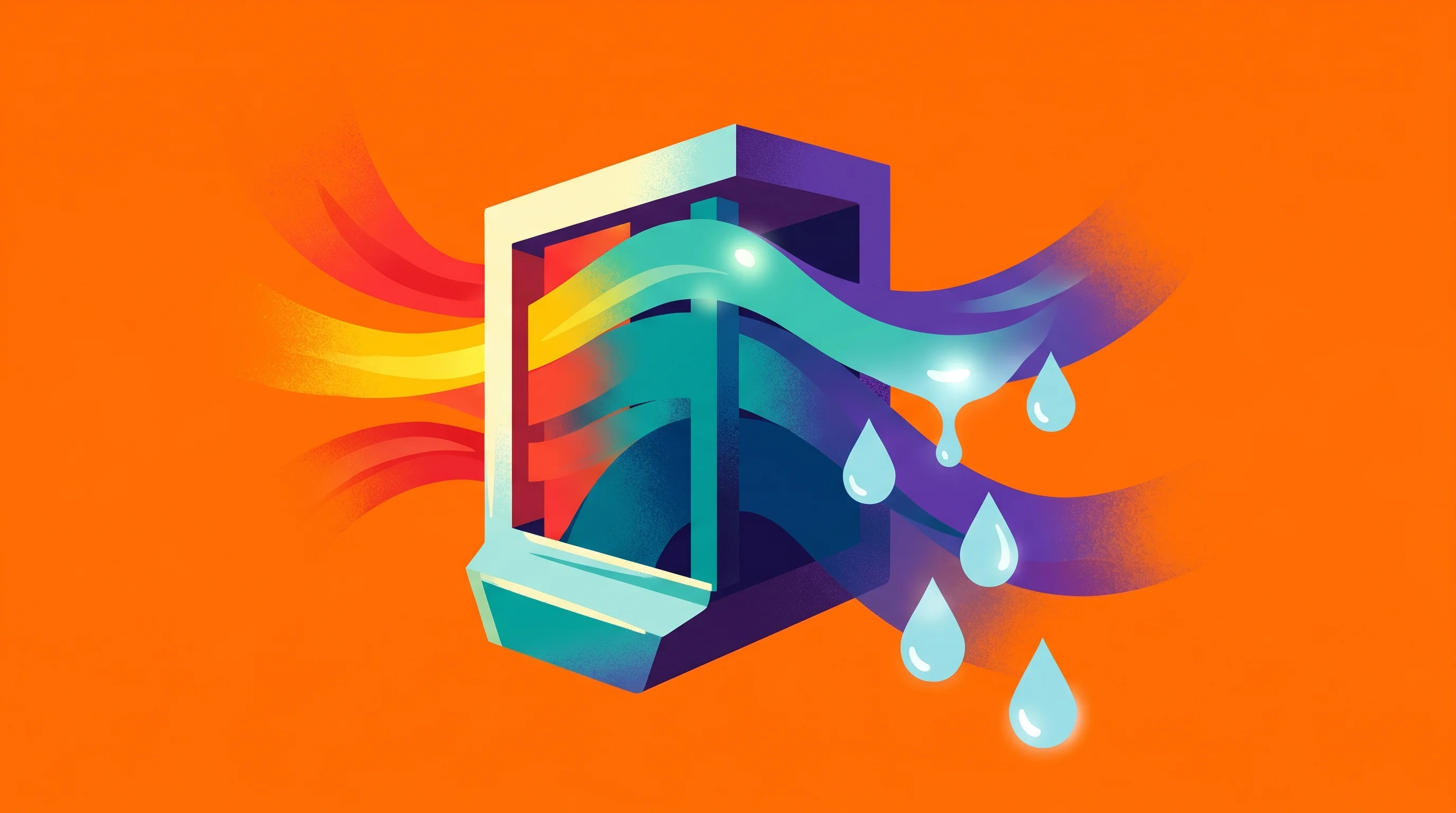 Digital illustration for article section "How Dew-Point Cooling Works (and Why It Matters)" in "Madrone's Dew-Point Cooling Could Cut Data Center Energy Use by 30%" - A sleek, modern, and abstract representation of a Maisotsenko-cycle heat exchanger demonstrating dew...