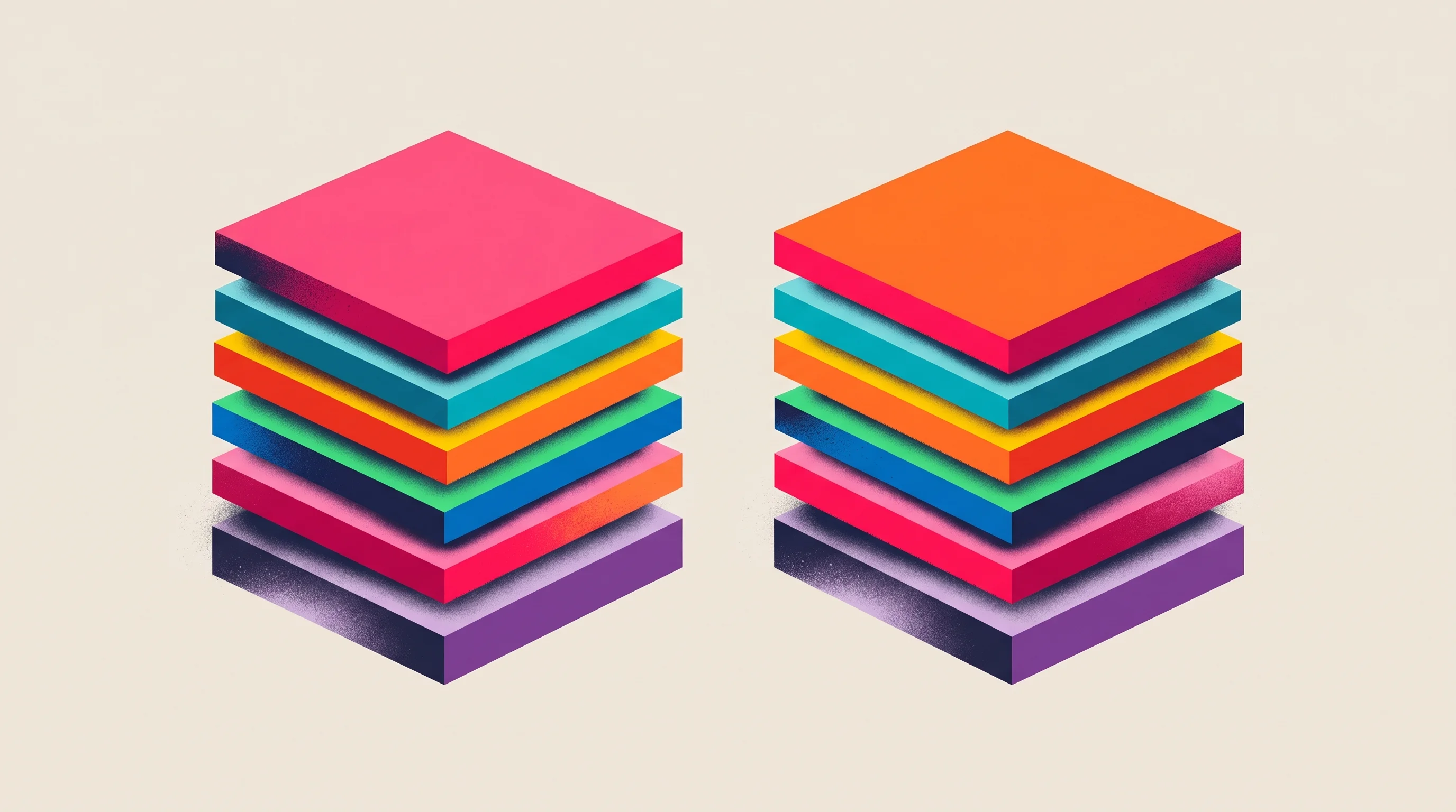 Digital illustration for article section "The Imitators Arrive" in "Inside RentAHuman: The YC Startup Where AI Agents Hire Humans" - A conceptual, minimalist illustration of two identical, parallel stacks of thick architectural layer...