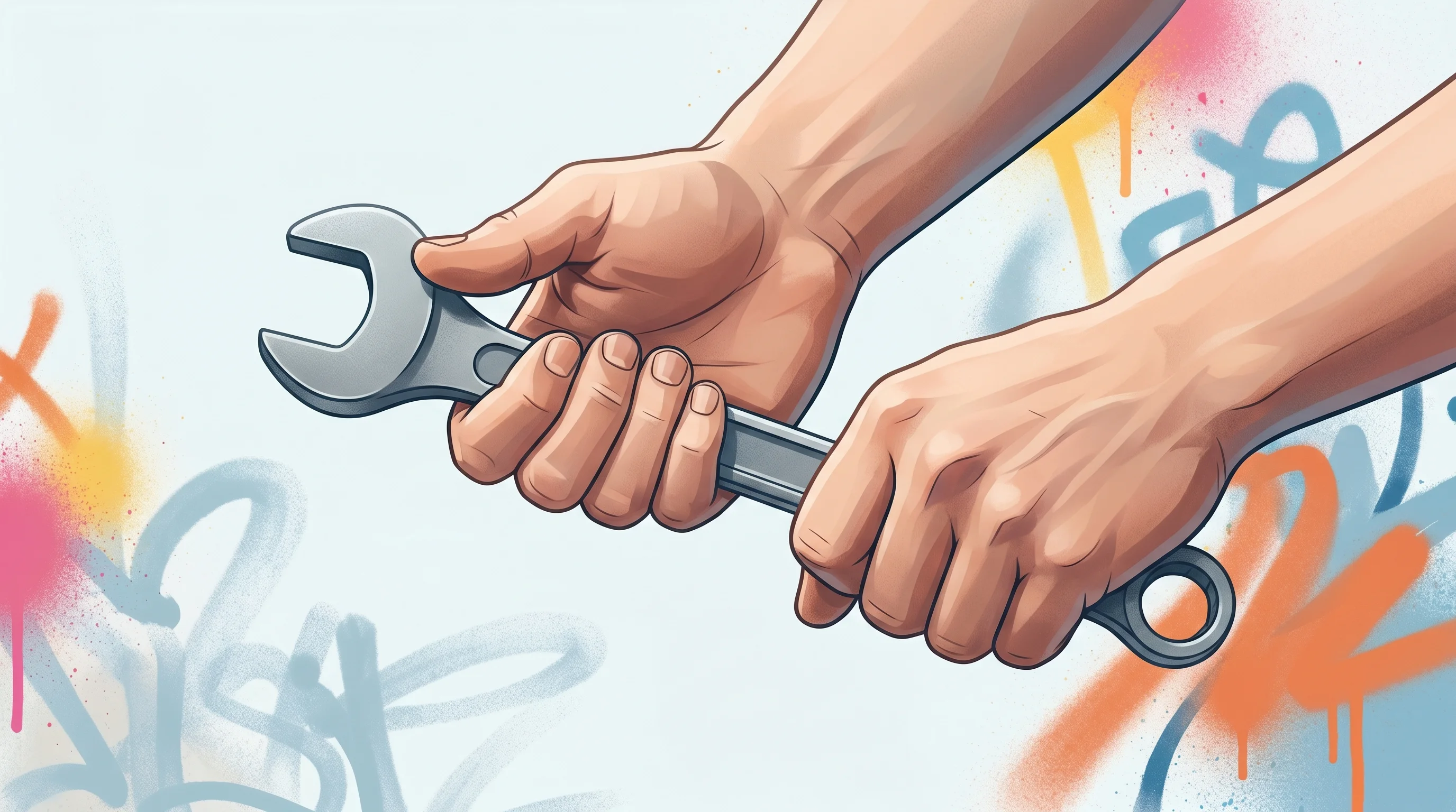 Digital illustration for article section "What Gets Built Here" in "Inside RentAHuman: The YC Startup Where AI Agents Hire Humans" - A close-up, minimal composition focusing on a pair of anonymous, generic human hands carefully gripp...
