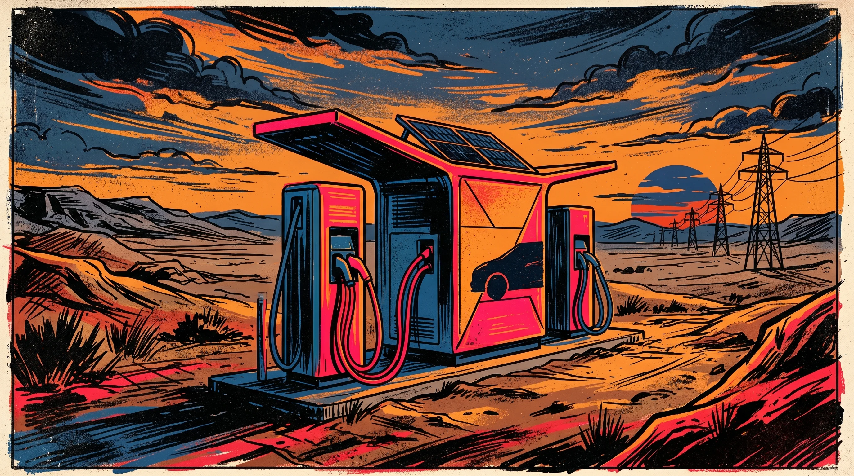 Digital illustration for article section "Behind-the-Meter Power for Grid-Strapped Sites" in "Durham Spinout H2CHP Raises £1.5M for Fuel-Flexible Generators" - A sleek, modern EV charging hub standing alone in a vast, remote landscape, completely disconnected ...