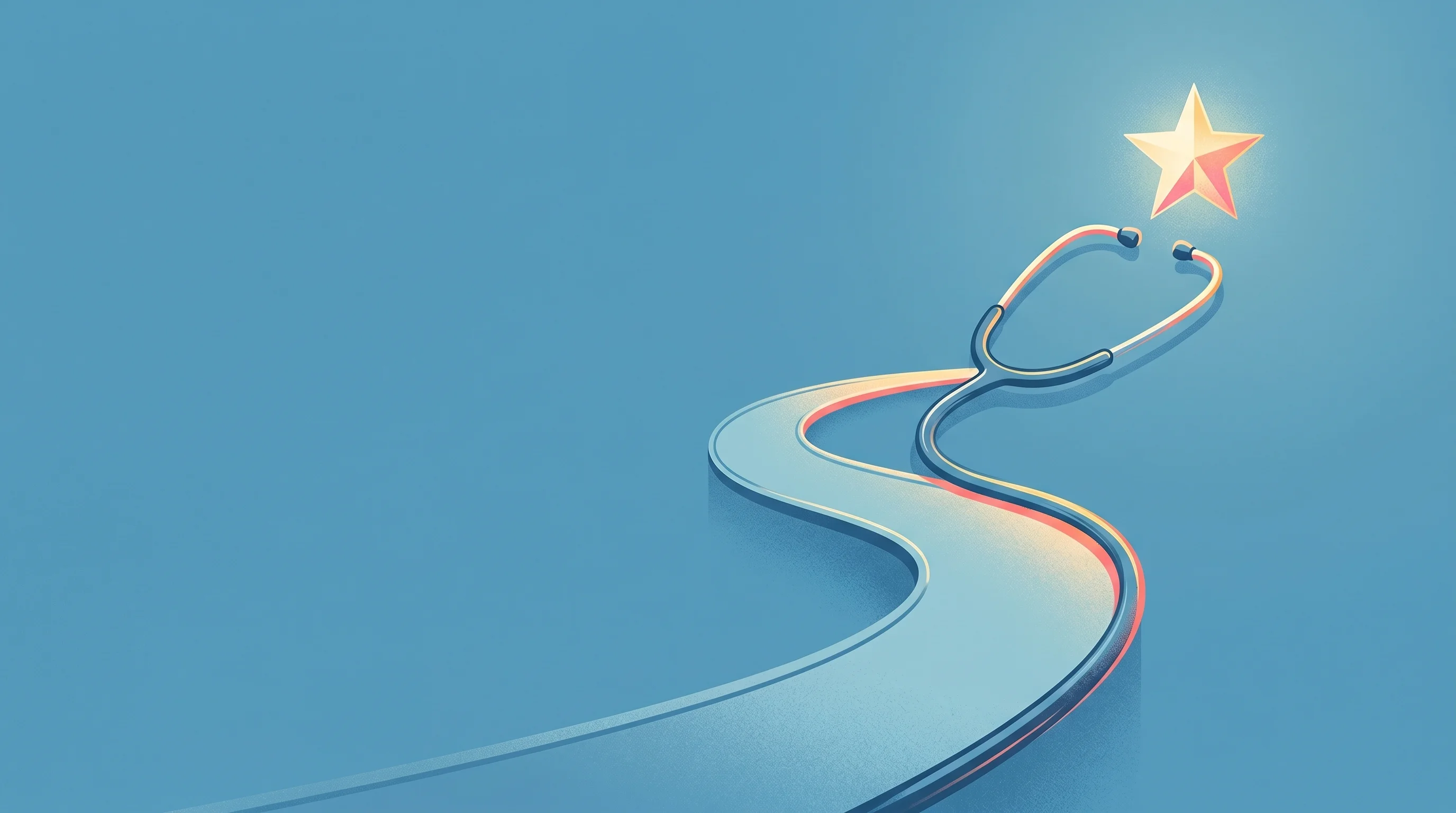 Digital illustration for article section "Founder Pedigree and the Road Ahead" in "Chromie Health Raises $2M to Automate Hospital Staffing with AI" - A clean, minimalist conceptual illustration representing a prestigious road ahead in healthcare lead...