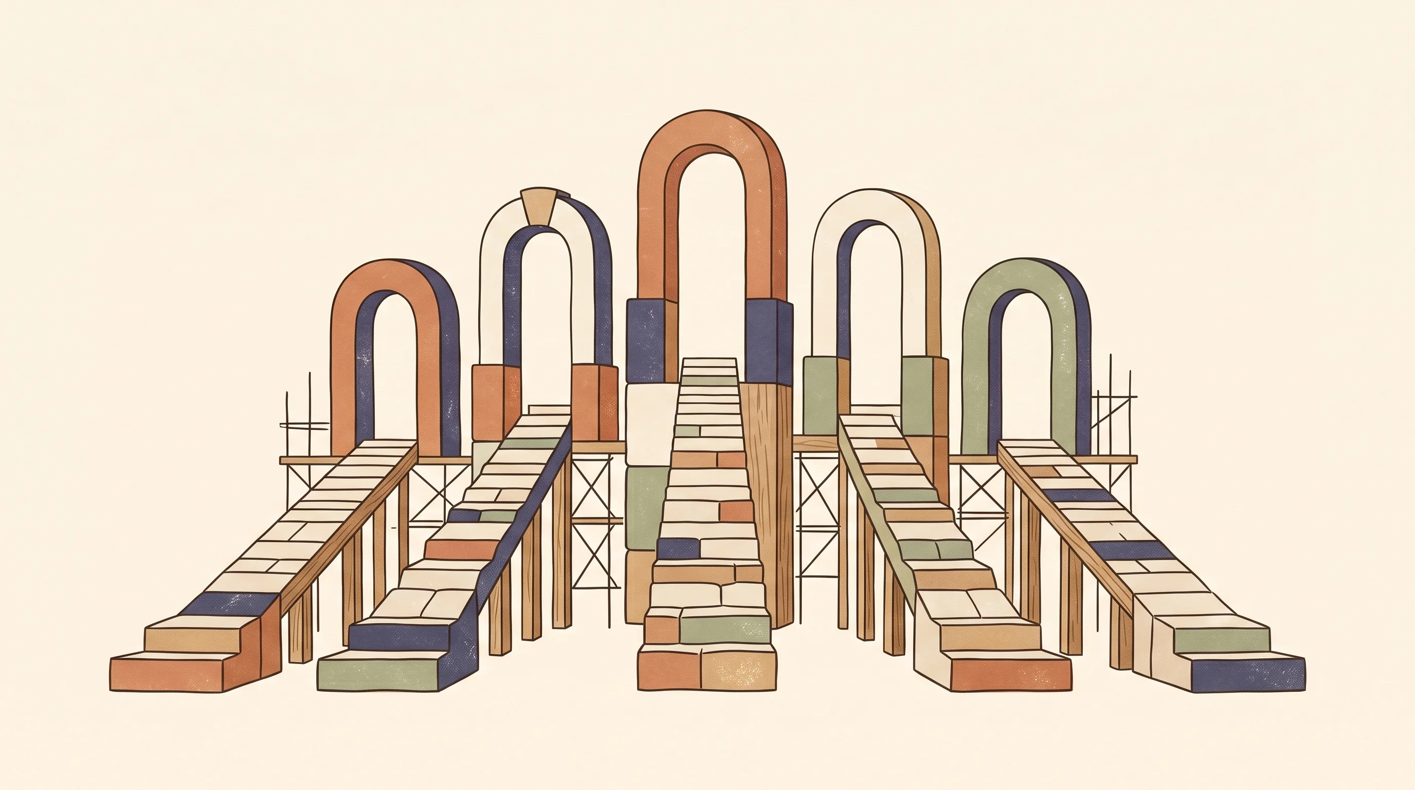 Digital illustration for article section "Everyone's Building the Same Thing at Once" in "Mastercard Enables AI Agents to Make Card Purchases via Lobster" - A minimalist, conceptual illustration showing a series of identical, stylized architectural archways...