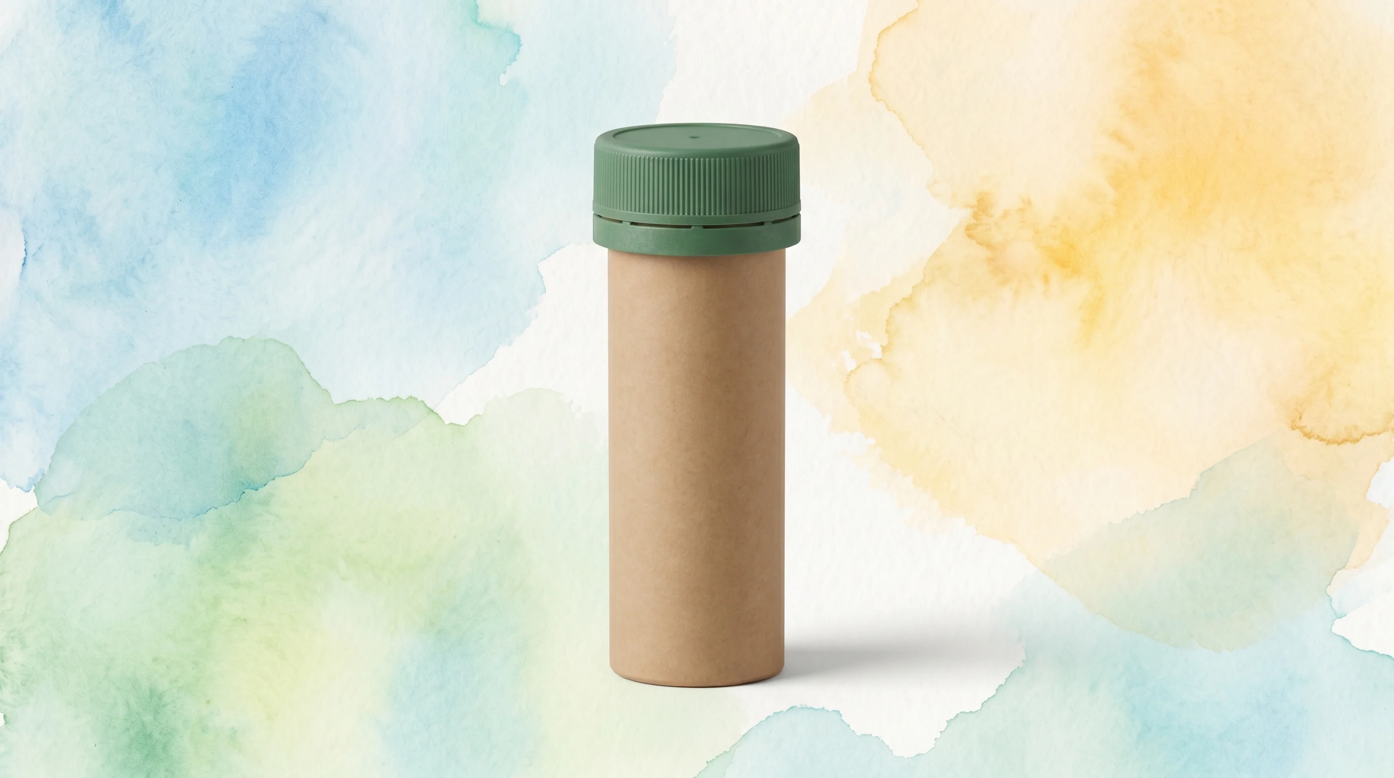 Digital illustration for article section "Built to Meet the Standards" in "Parcel Health's Paper Pill Bottles Land Seed Funding, Major Health Systems" - A minimalist, central composition of a clean, cylindrical paper packaging tube featuring a sturdy, s...