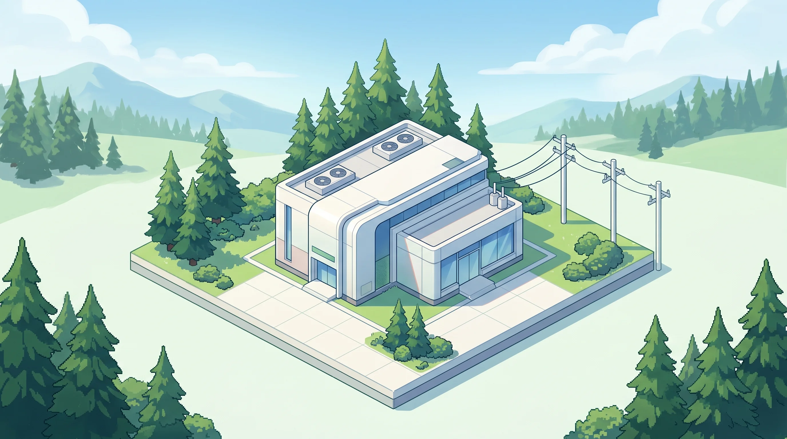 Digital illustration for article section "Early Evidence From Oregon and New York" in "GridCARE Raises $64M to Unlock Hidden Power for AI Data Centers" - A sleek, modern, minimalist data center facility representing a high-capacity energy hub in Oregon, ...
