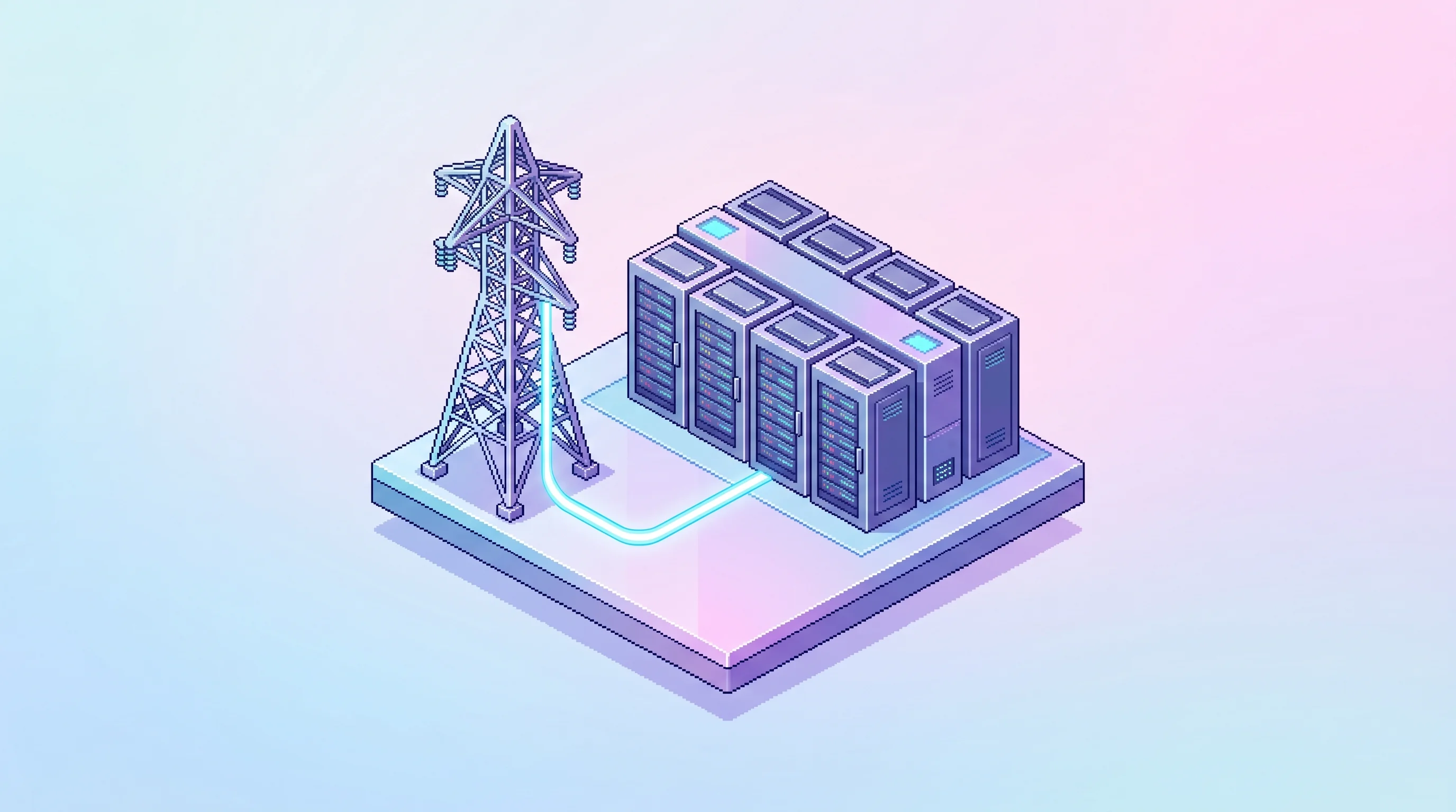 Digital illustration for article section "Why Now, and What's at Stake" in "GridCARE Raises $64M to Unlock Hidden Power for AI Data Centers" - An isometric, top-down view of a sleek, minimalist data center facility sitting adjacent to a single...