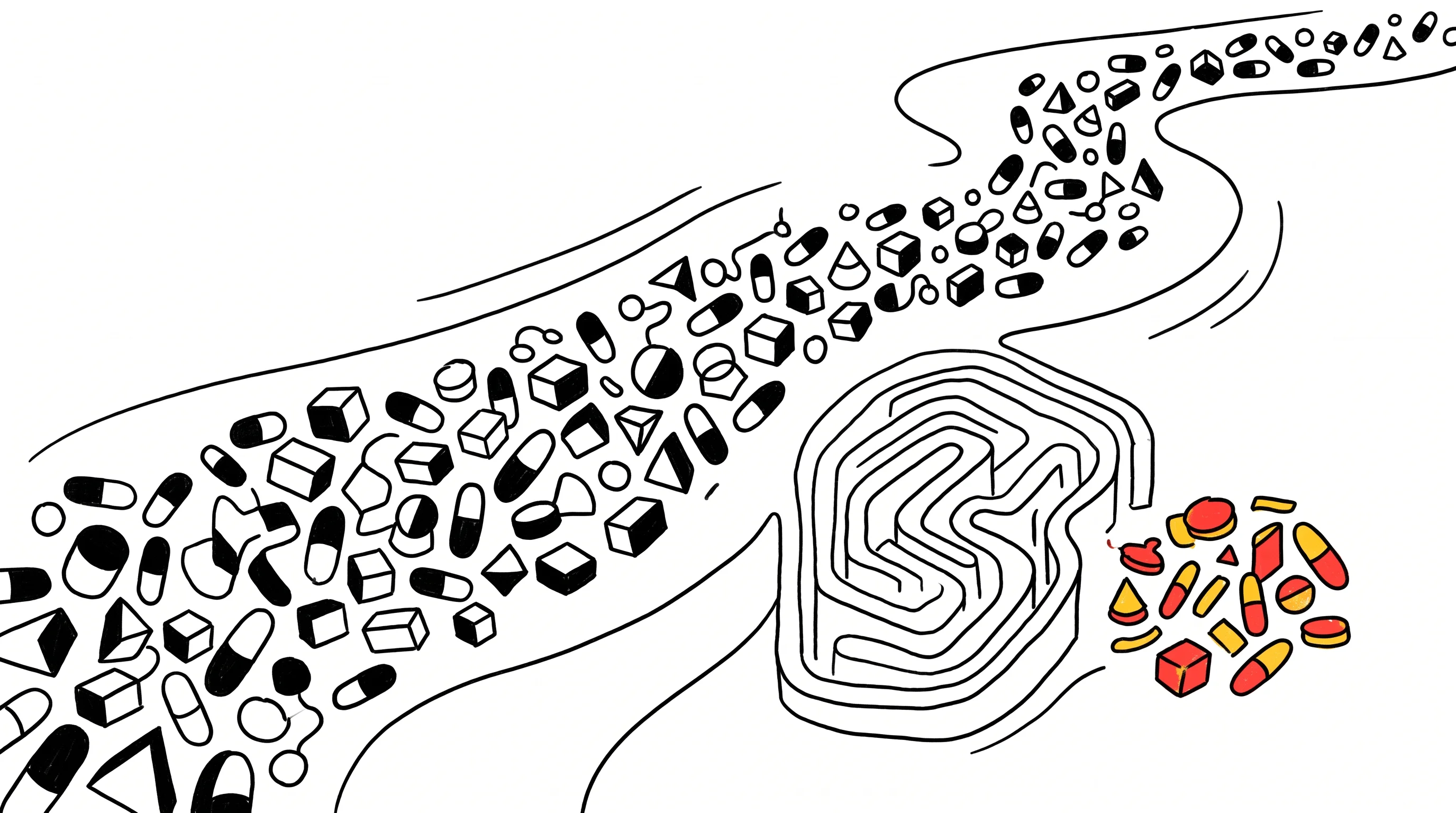 Digital illustration for article section "A Crowded, Complicated Field" in "Gramics Bio Launches Seed Round for DNA-Based Cystic Fibrosis Therapy" - A conceptual, minimalist illustration representing a crowded and complicated medical landscape, feat...