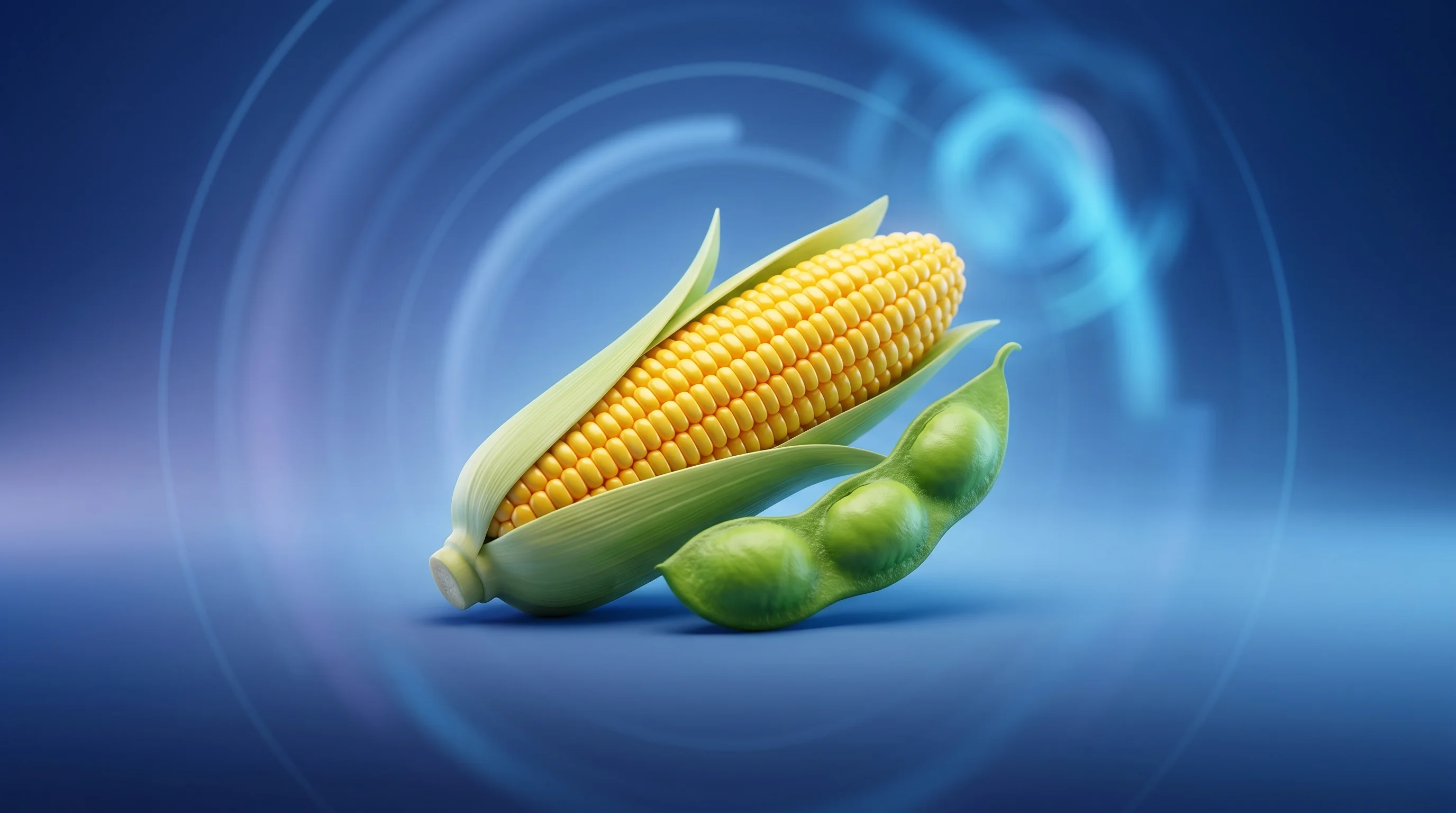 Digital illustration for article section "Beyond Wheat" in "Oxford Spin-Out SugaROx Lands $3.4M to Scale Crop Biostimulant" - A clean, minimalist composition featuring a beautifully stylized, perfect ear of maize and a lush so...
