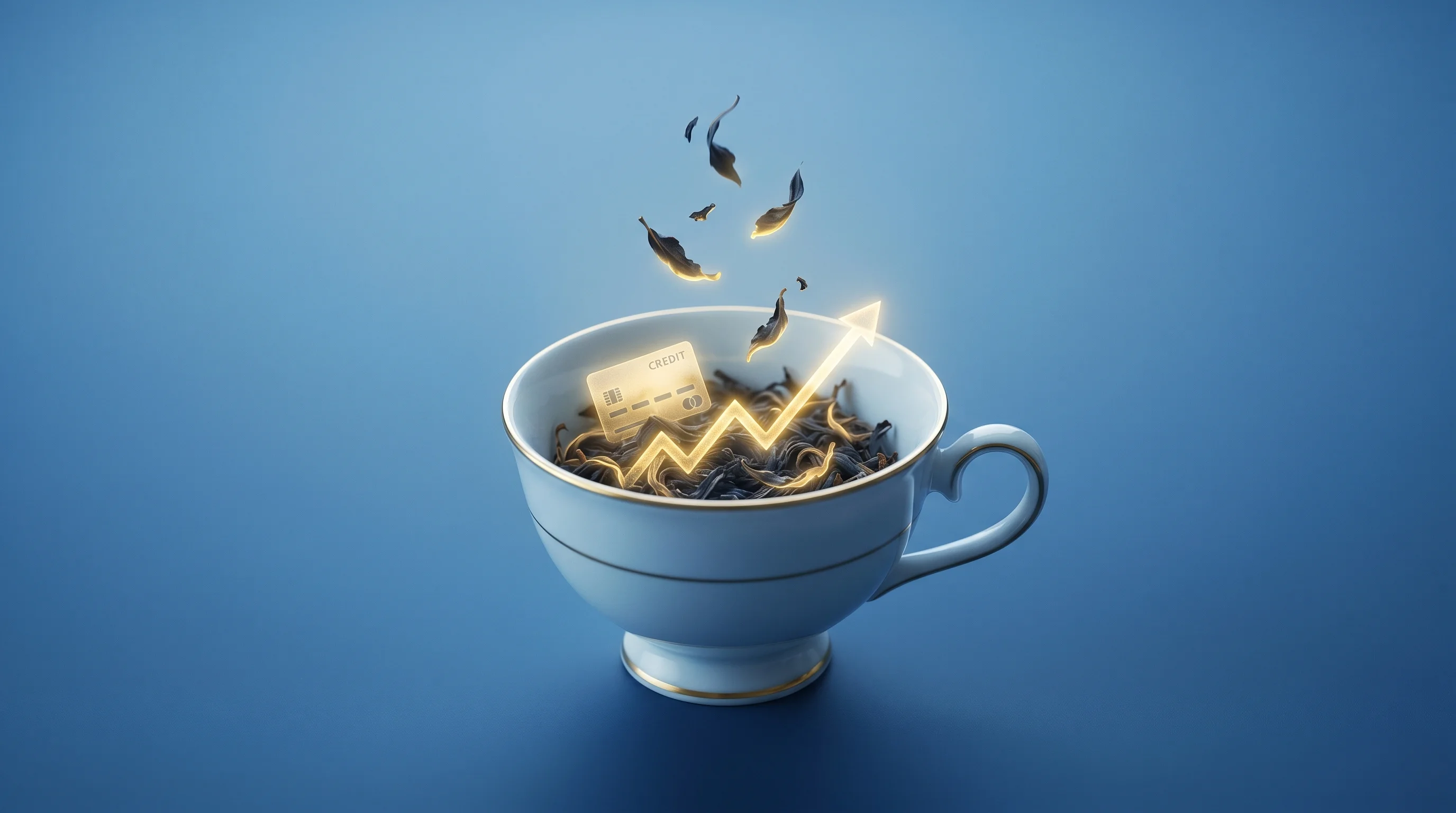 Digital illustration for article section "Reading the Investor Tea Leaves" in "Atlas Card's $40M Series C: From Near-Bankruptcy to Ultra-Premium" - A conceptual and minimalist image representing the search for hidden investment signals, featuring a...