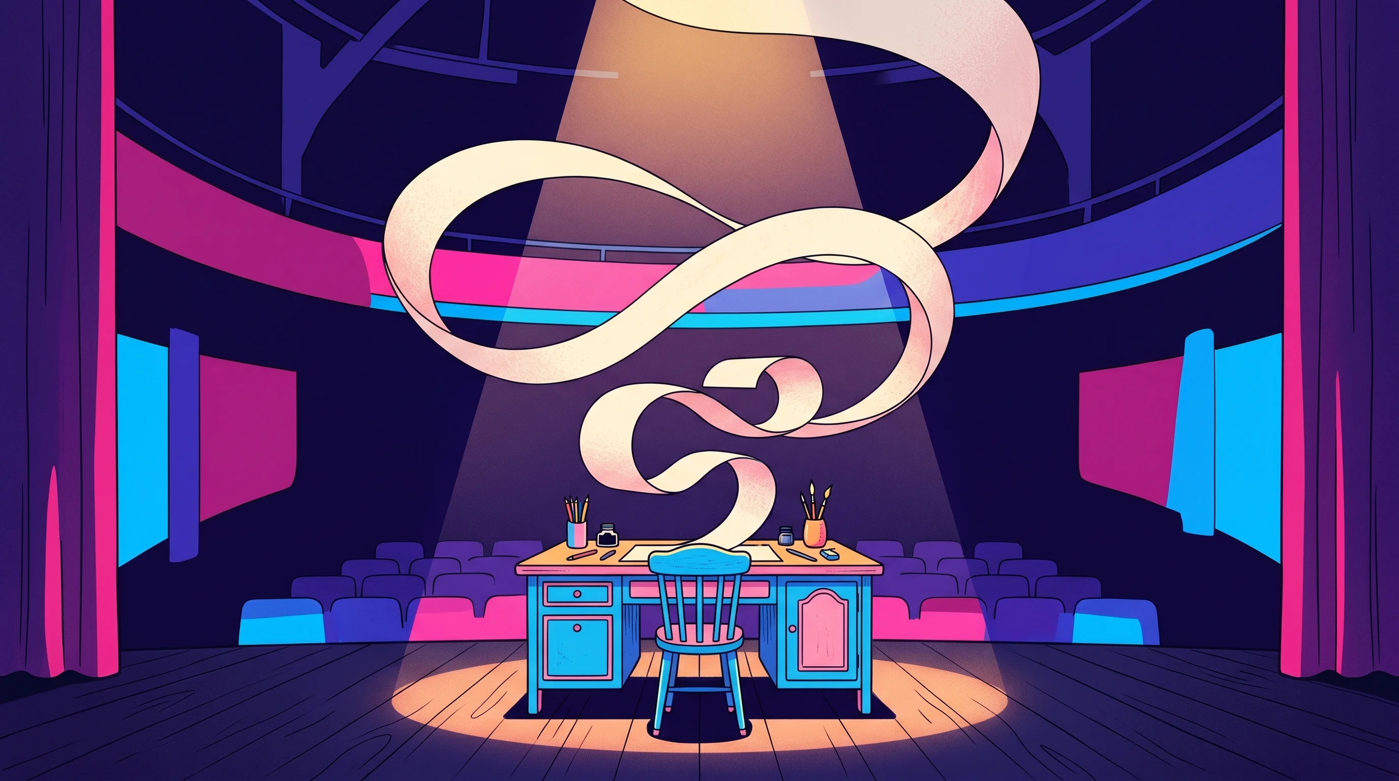 Digital illustration for article section "A Solo Act in a Crowded Theater" in "AI Discovering AI: How Agentic Workflows Are Accelerating Research 20x" - A solitary, whimsically oversized artisan desk sitting center stage under a single spotlight in an a...