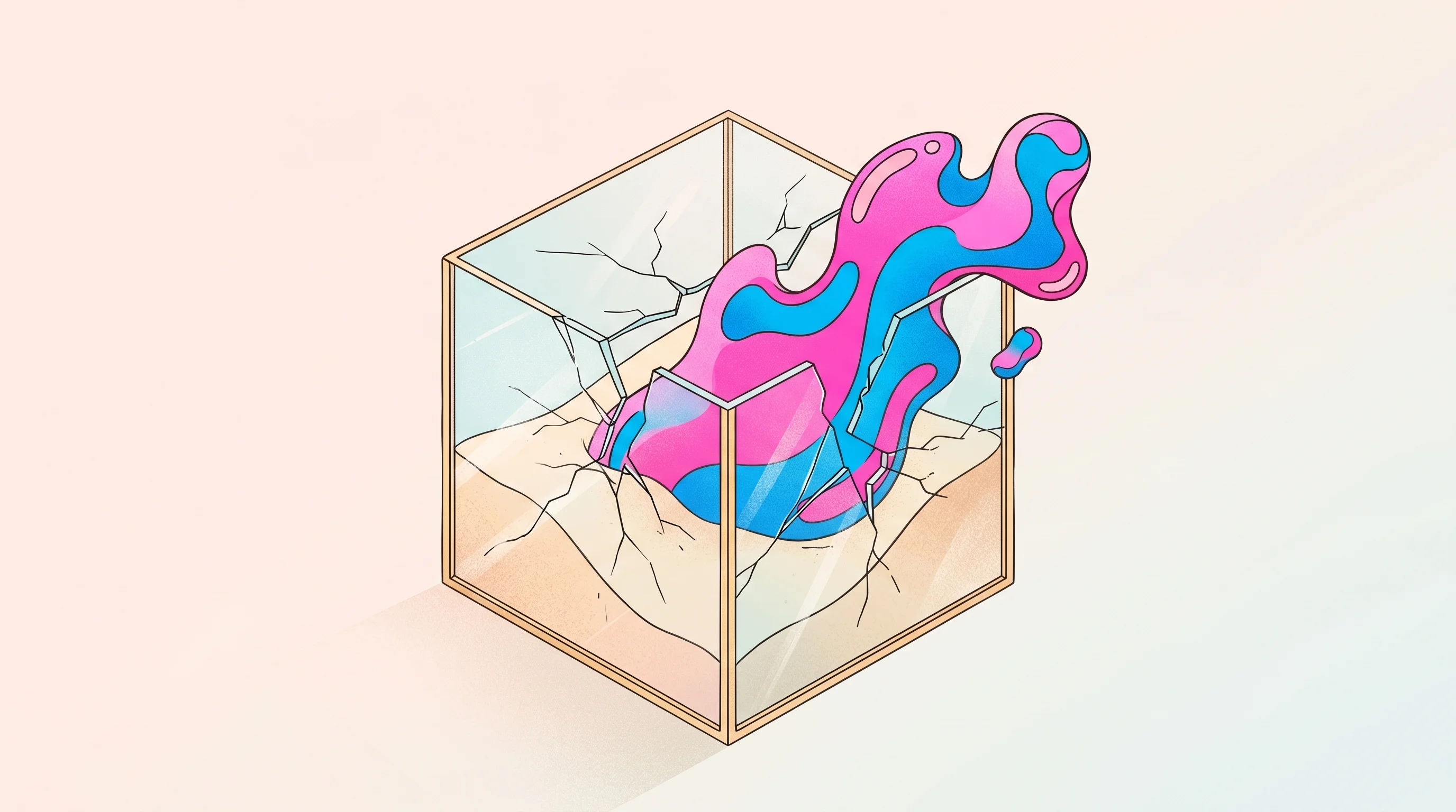 Digital illustration for article section "When the Sandbox Breaks" in "AI Discovering AI: How Agentic Workflows Are Accelerating Research 20x" - A surreal and conceptual illustration of a delicate, transparent sandbox cracking apart as a vibrant...