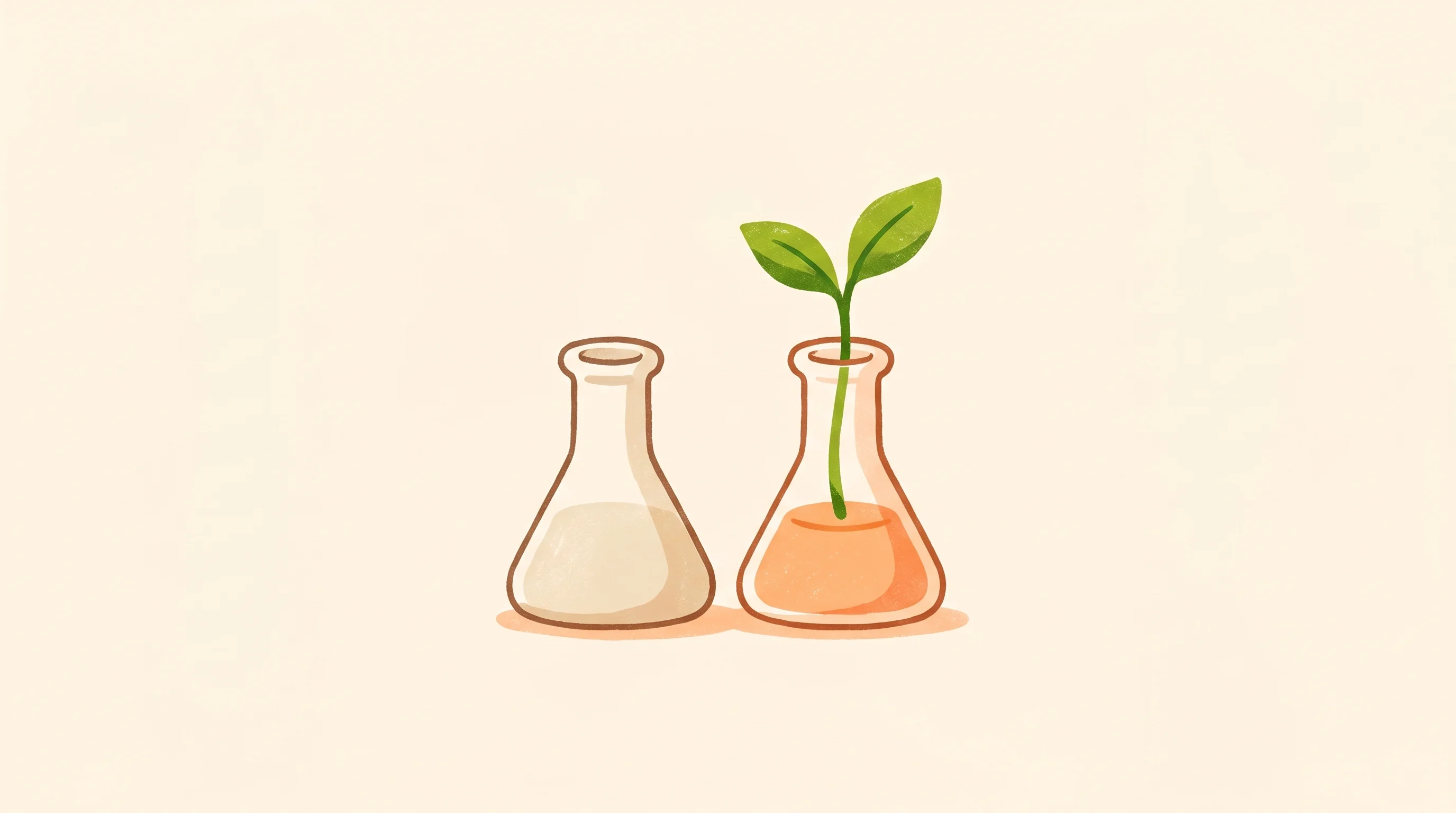 Digital illustration for article section "Early Days, Big Questions" in "PerfectBit Tackles AI Hallucinations with Verified Training Data" - A clean, minimalist cozy indie illustration of two small, stylized laboratory flasks sitting side-by...