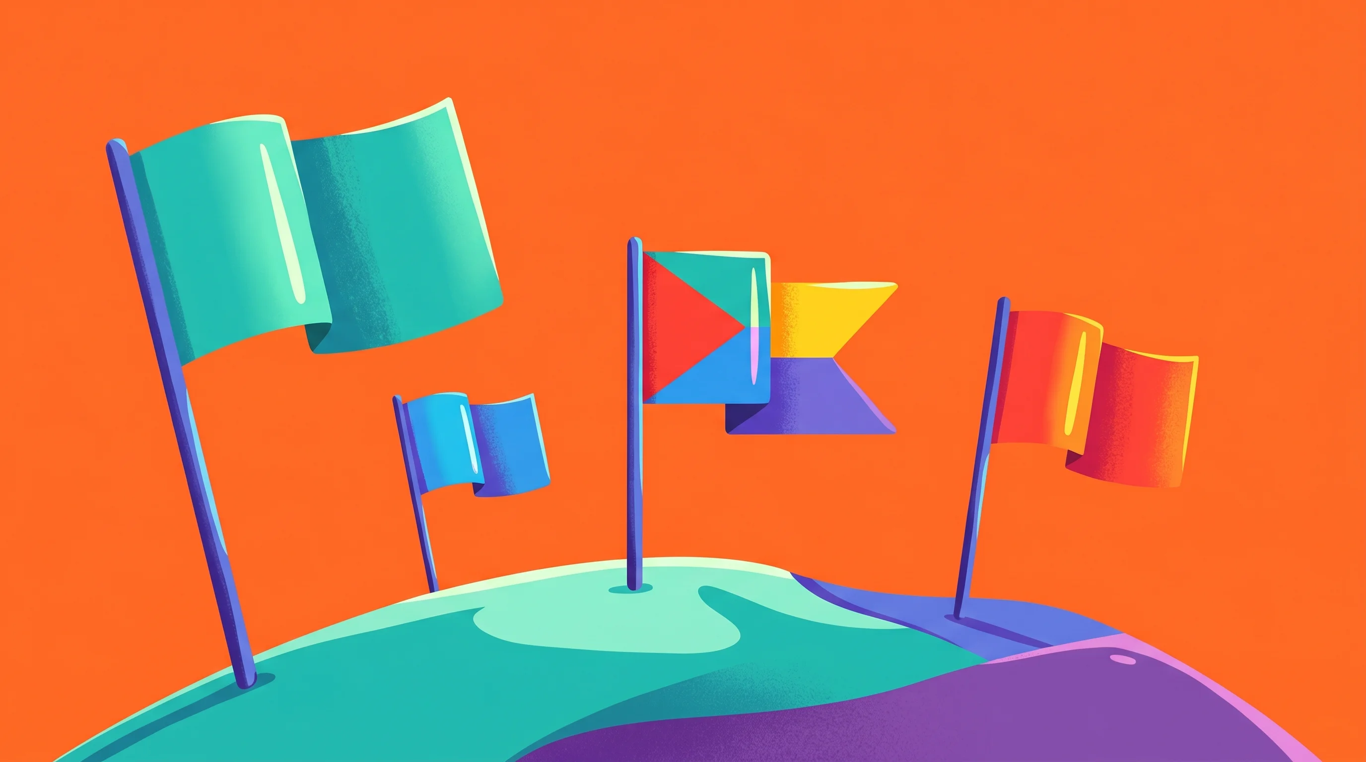 Digital illustration for article section "The Competitive Set" in "TechThrive Ventures Launches $7M Fund for Women's Health Startups" - A dynamic, minimalist illustration of three uniquely sized flags planted firmly into a smooth, styli...
