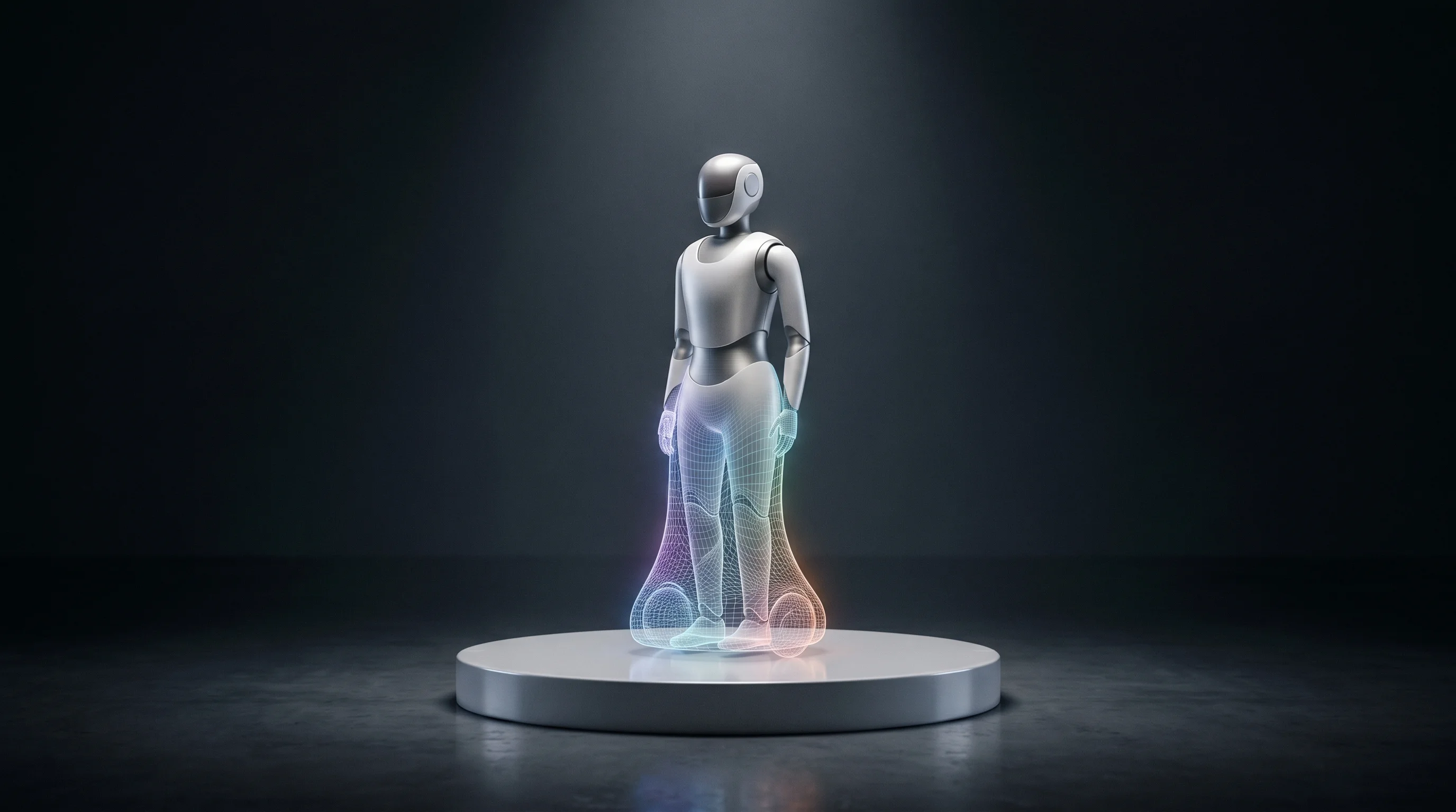 Digital illustration for article section "What We Don't Know Yet" in "Roomba Inventor's $30M Bet on AI Robot Pets for Your Living Room" - A sleek, minimalist companion robot standing alone on a smooth, empty presentation pedestal, symboli...