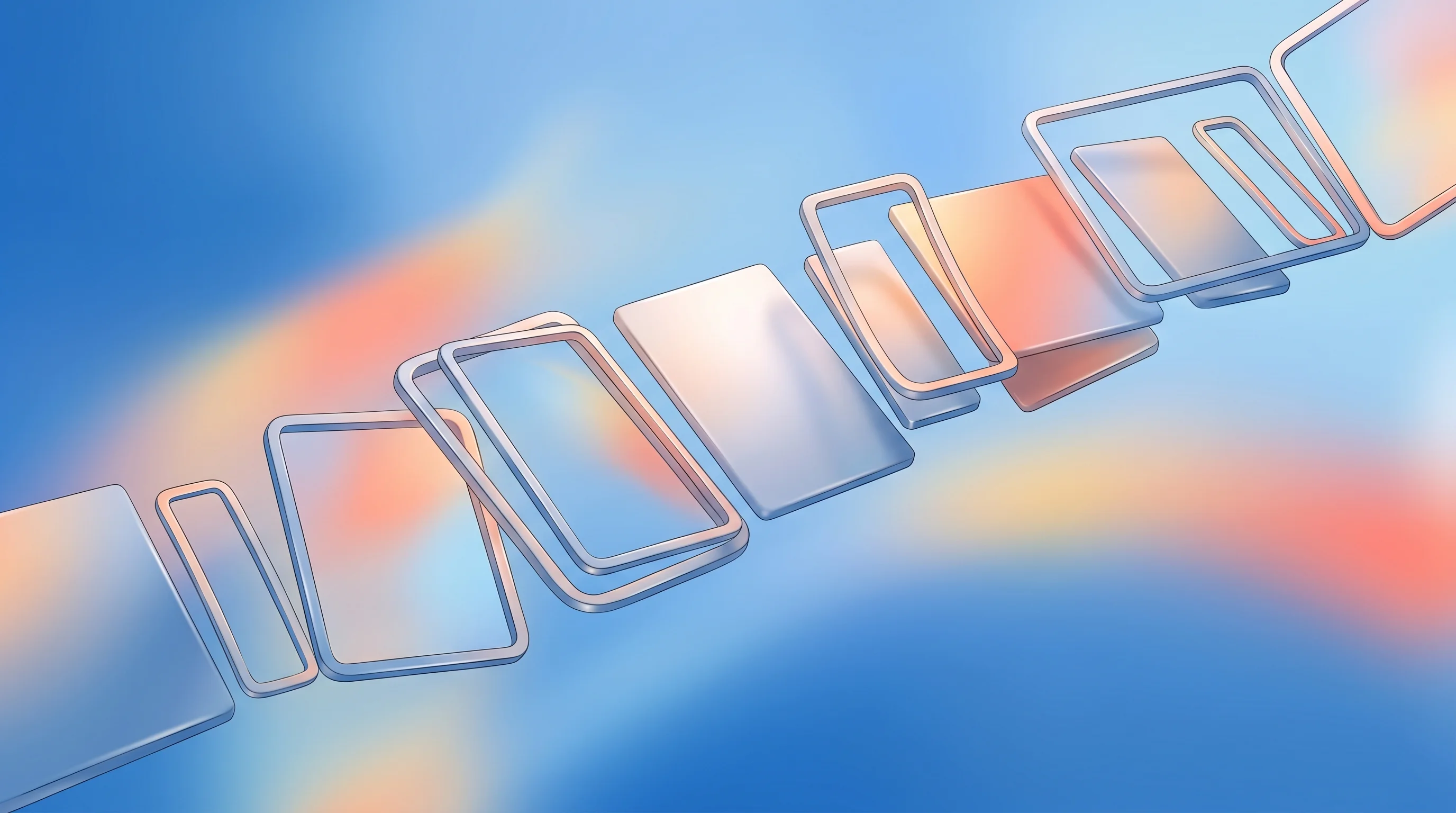 Digital illustration for article section "Infrastructure or Feature?" in "Bloom Launches Brand Layer for AI Agents Across Platforms" - A clean, minimal composition featuring a series of elegant, floating geometric frames and sleek canv...