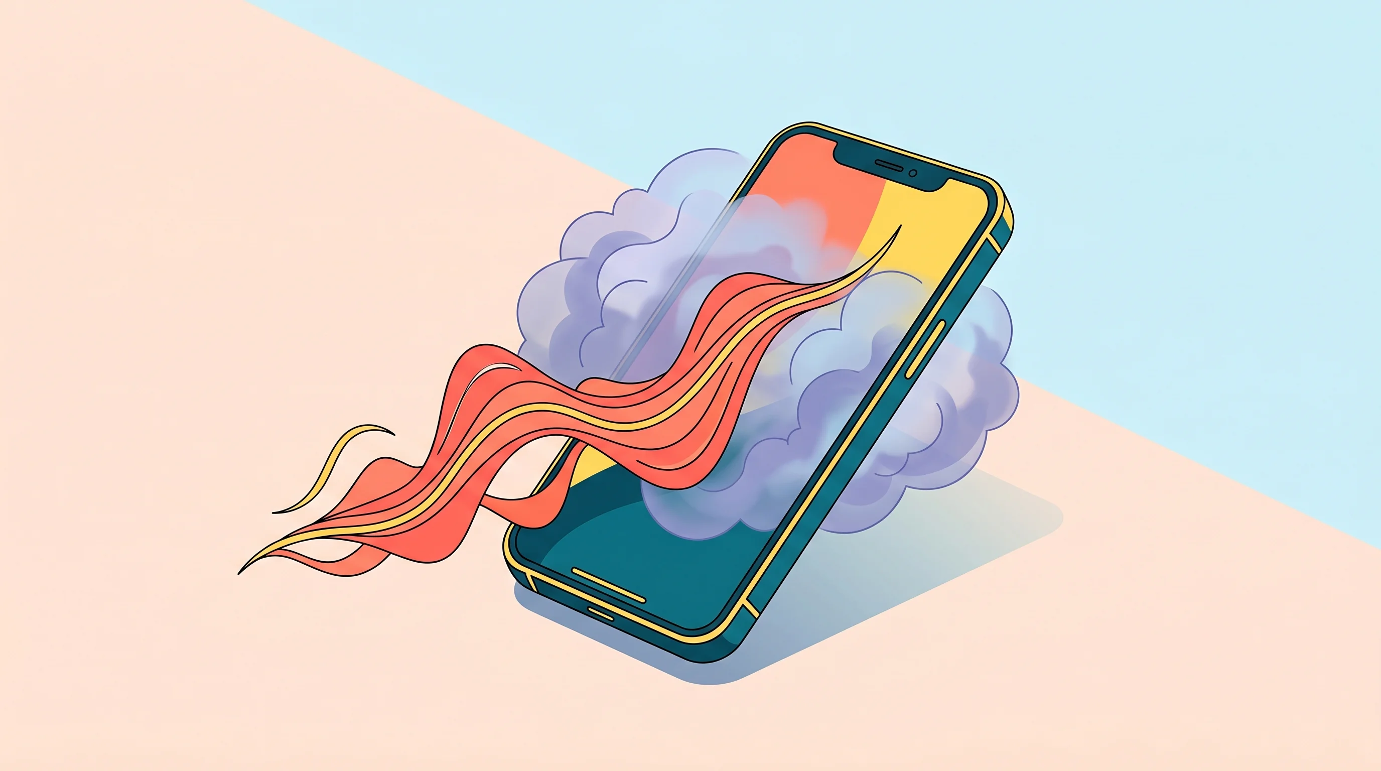 Digital illustration for article section "Privacy, Disclaimers, and the Usual Concerns" in "Juno's AI Health Assistant Hits $50K MRR Serving 80,000 Patients" - A conceptual, modern illustration of a sleek smartphone emitting dynamic, fluid sound waves that gra...