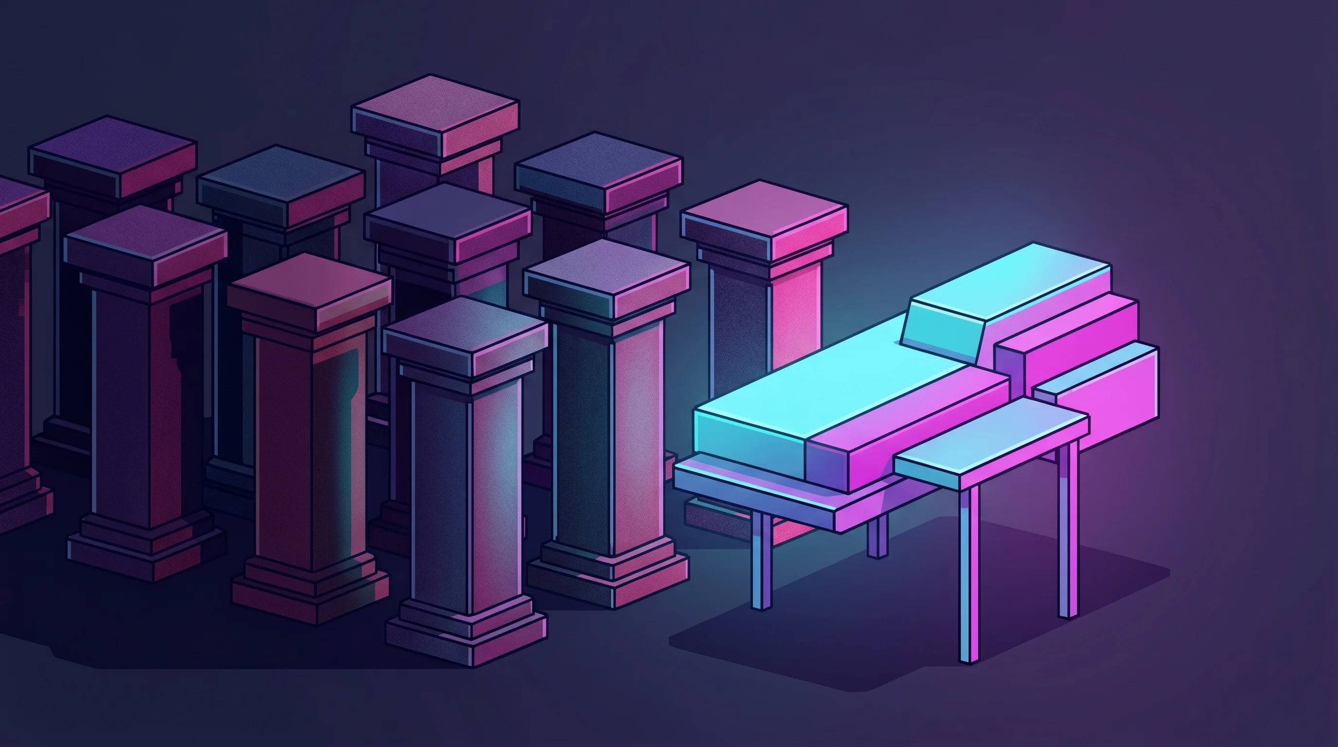 Digital illustration for article section "Crowded Market, Familiar Faces" in "LawX Raises €7.5M Seed to Build AI Operating System for Law Firms" - A minimalist, conceptual illustration of abstract architectural building blocks representing a crowd...