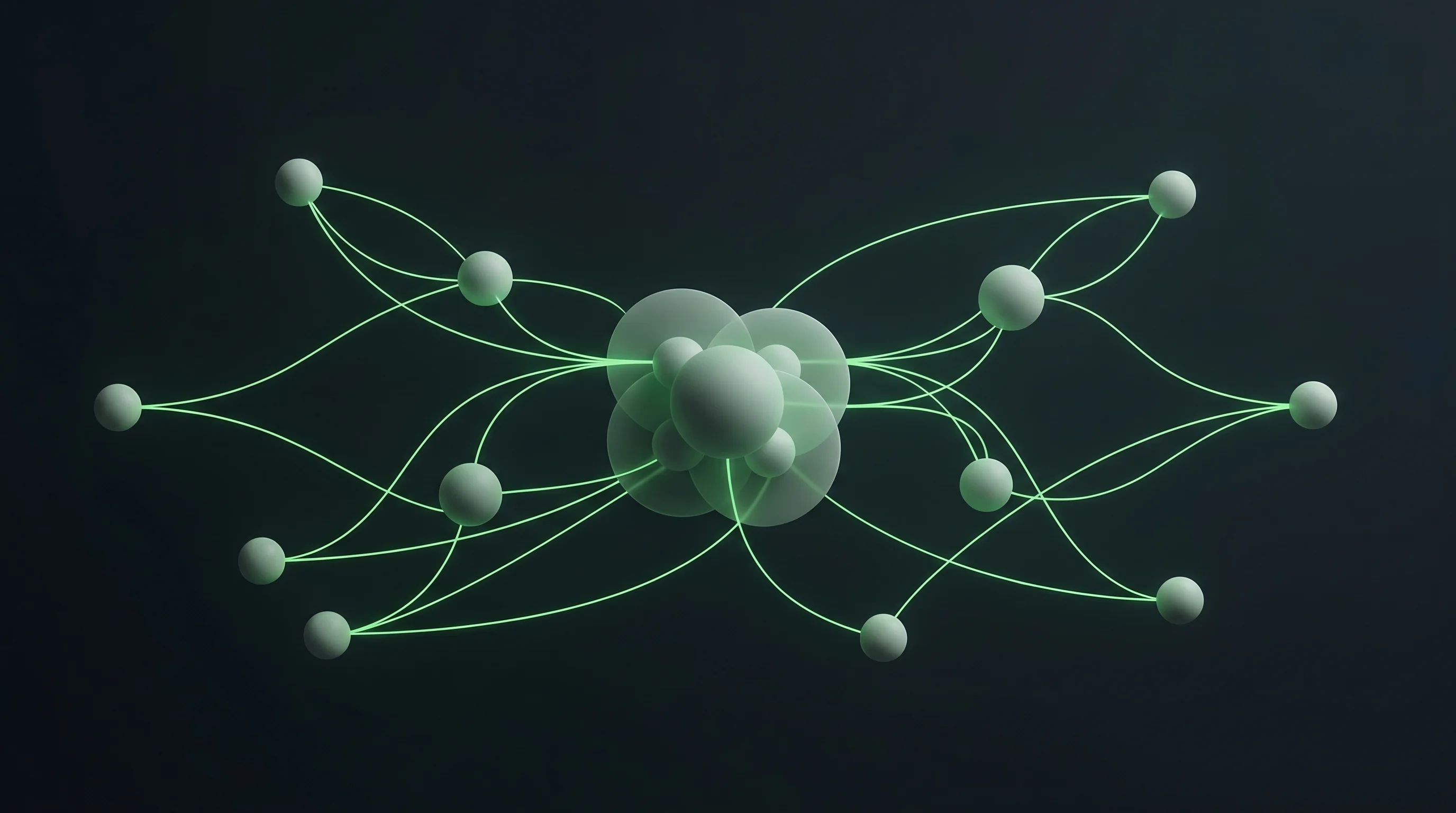 Digital illustration for article section "The Fusion Layer Is Where the Money Is" in "Inside the Passive Sensing Mesh Revolution Reshaping Drone Security" - A clean, minimalist conceptual visualization of a resilient mesh architecture, featuring a central o...