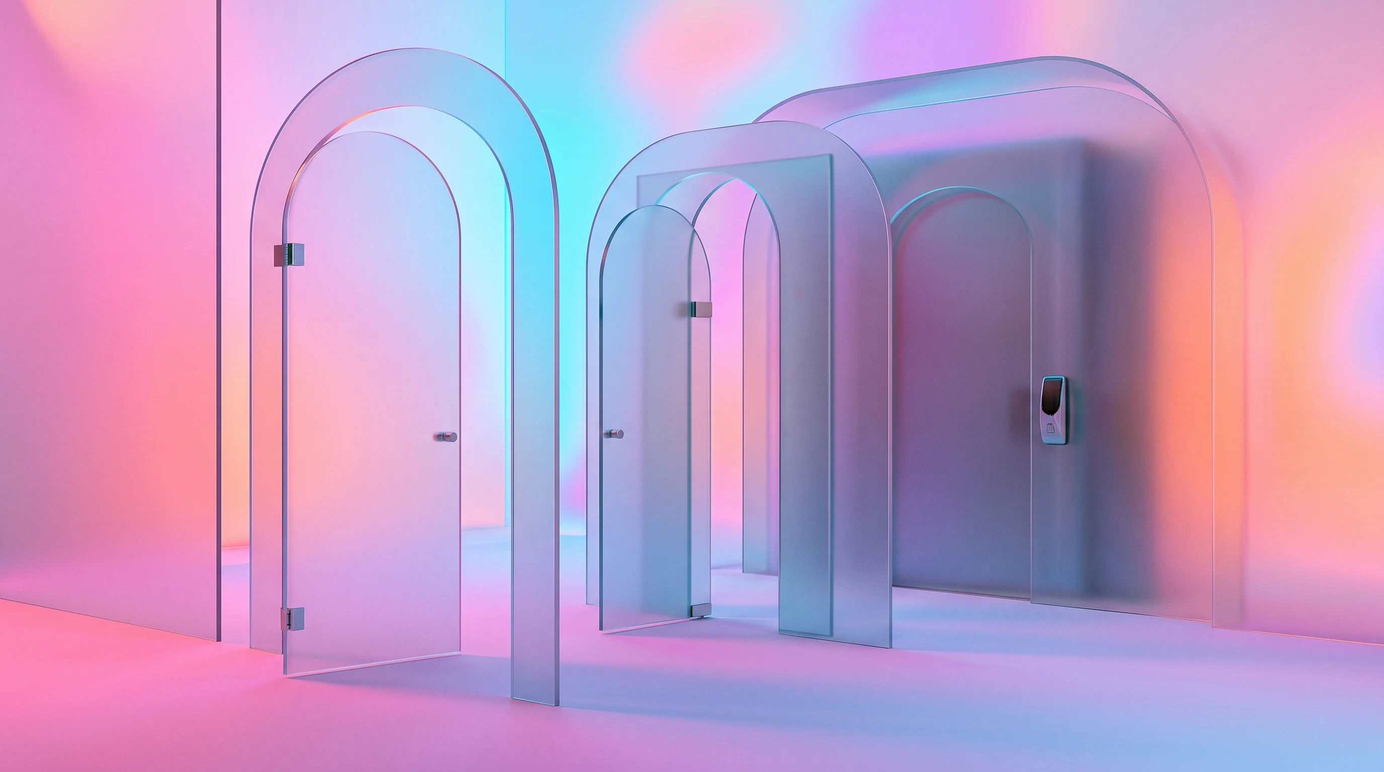 Digital illustration for article section "What Comes Next" in "Ex-Goldman Engineers Launch AI Research Platform for Portfolio Managers" - A clean, minimalist conceptual composition featuring a series of sleek, overlapping frosted glass do...
