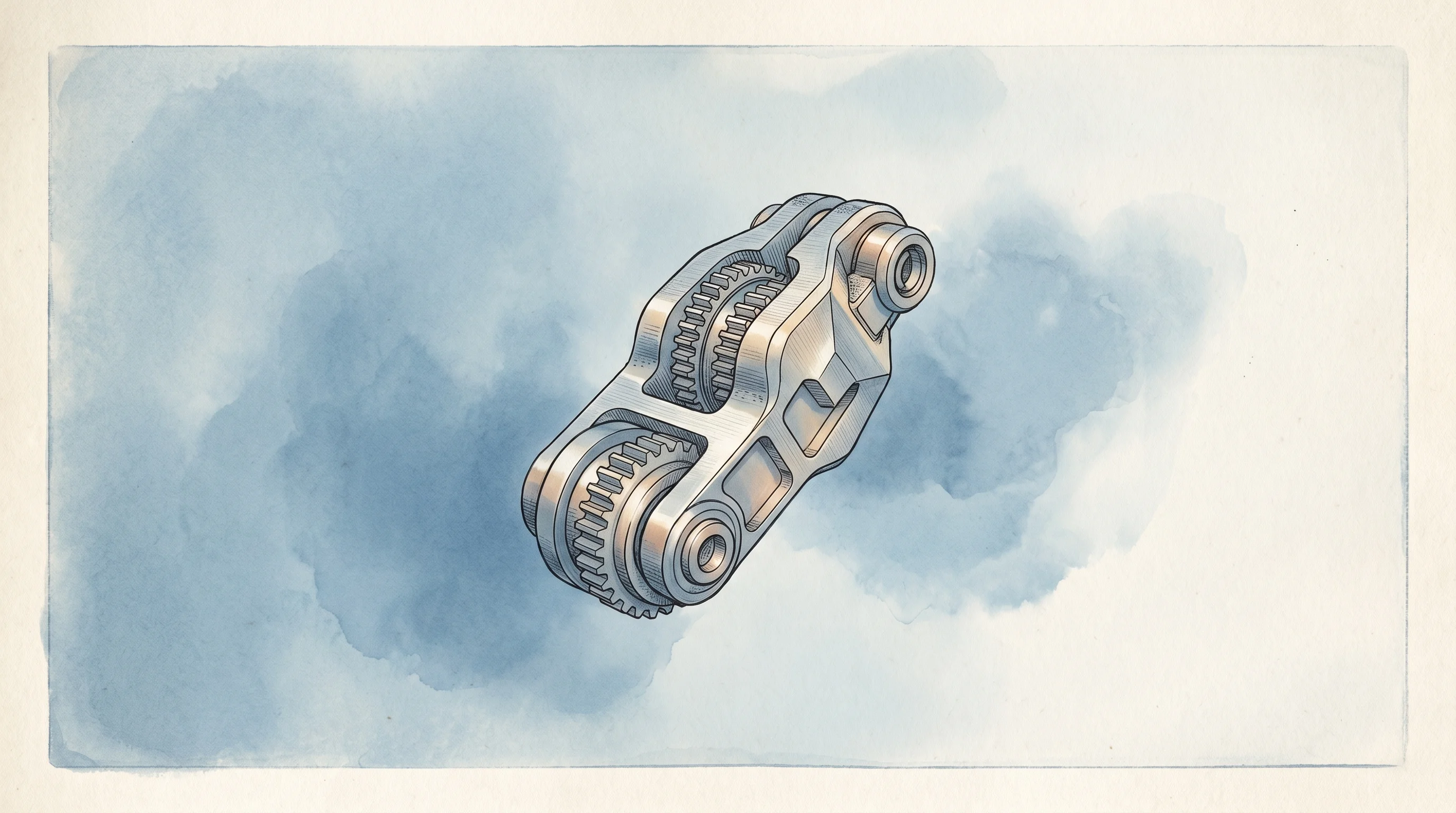 Digital illustration for article section "What Comes Next" in "YC-Backed Prototyping.io Launches AI Platform for Custom Parts" - A surreal, vintage-style scientific illustration of a single, precision-machined mechanical prototyp...