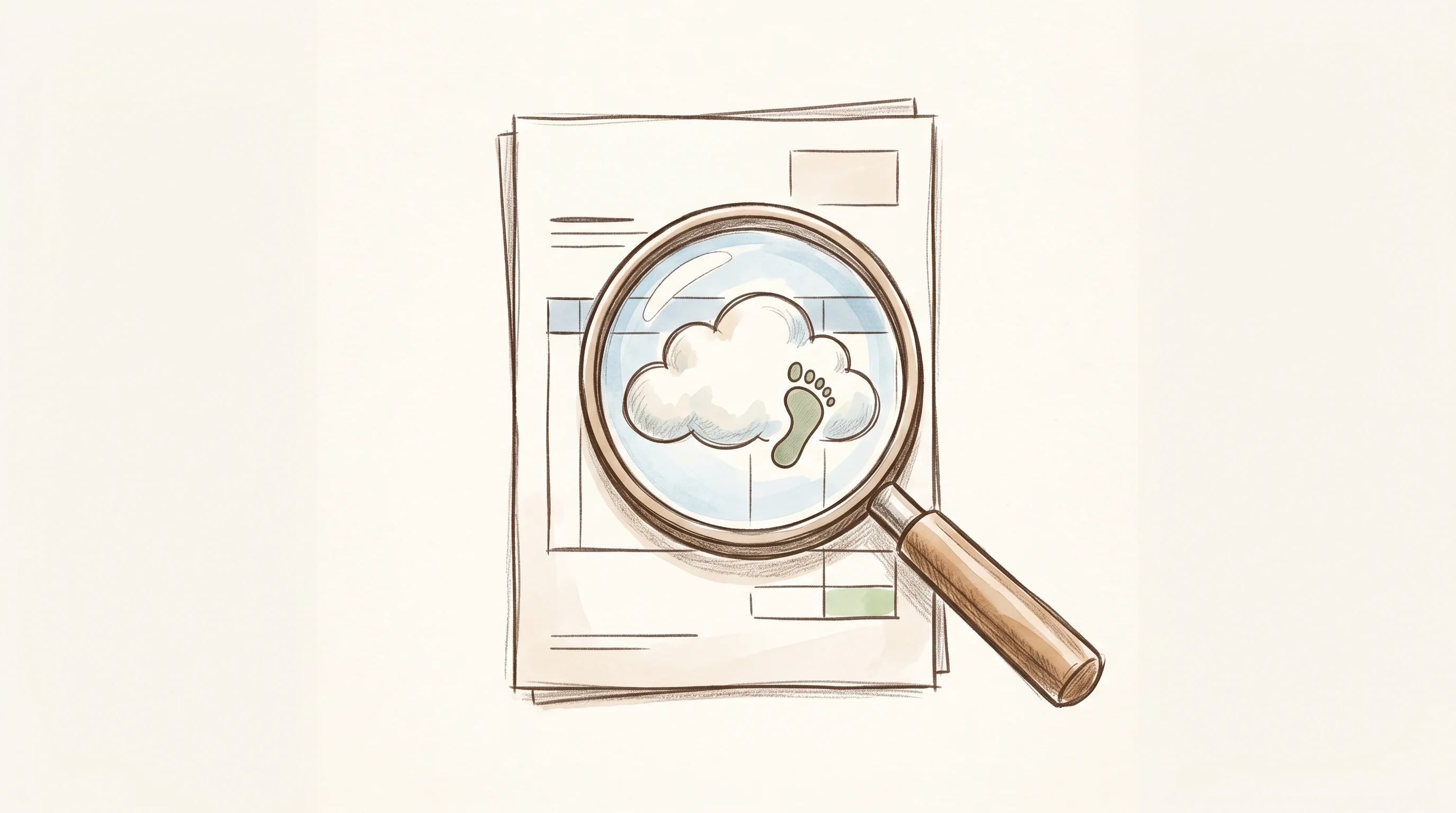 Digital illustration for article section "Granular Visibility Into a Hidden Problem" in "Greenpixie Raises $6M to Tackle AI-Era Cloud Emissions at Scale" - A clean, minimalist conceptual illustration of a large magnifying glass hovering over a simple, styl...