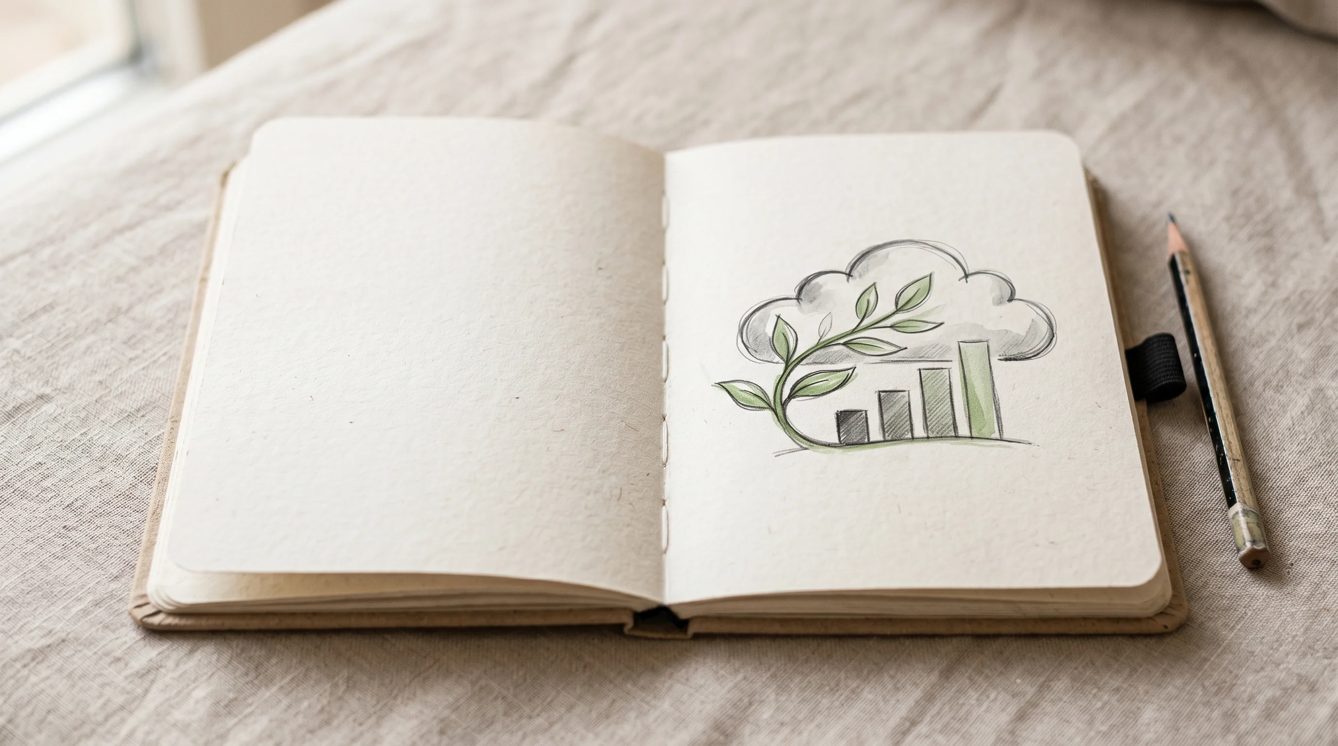 Digital illustration for article section "The OEM Playbook" in "Greenpixie Raises $6M to Tackle AI-Era Cloud Emissions at Scale" - A clean, minimalist composition featuring a single open playbook or sketchbook resting on a soft, un...