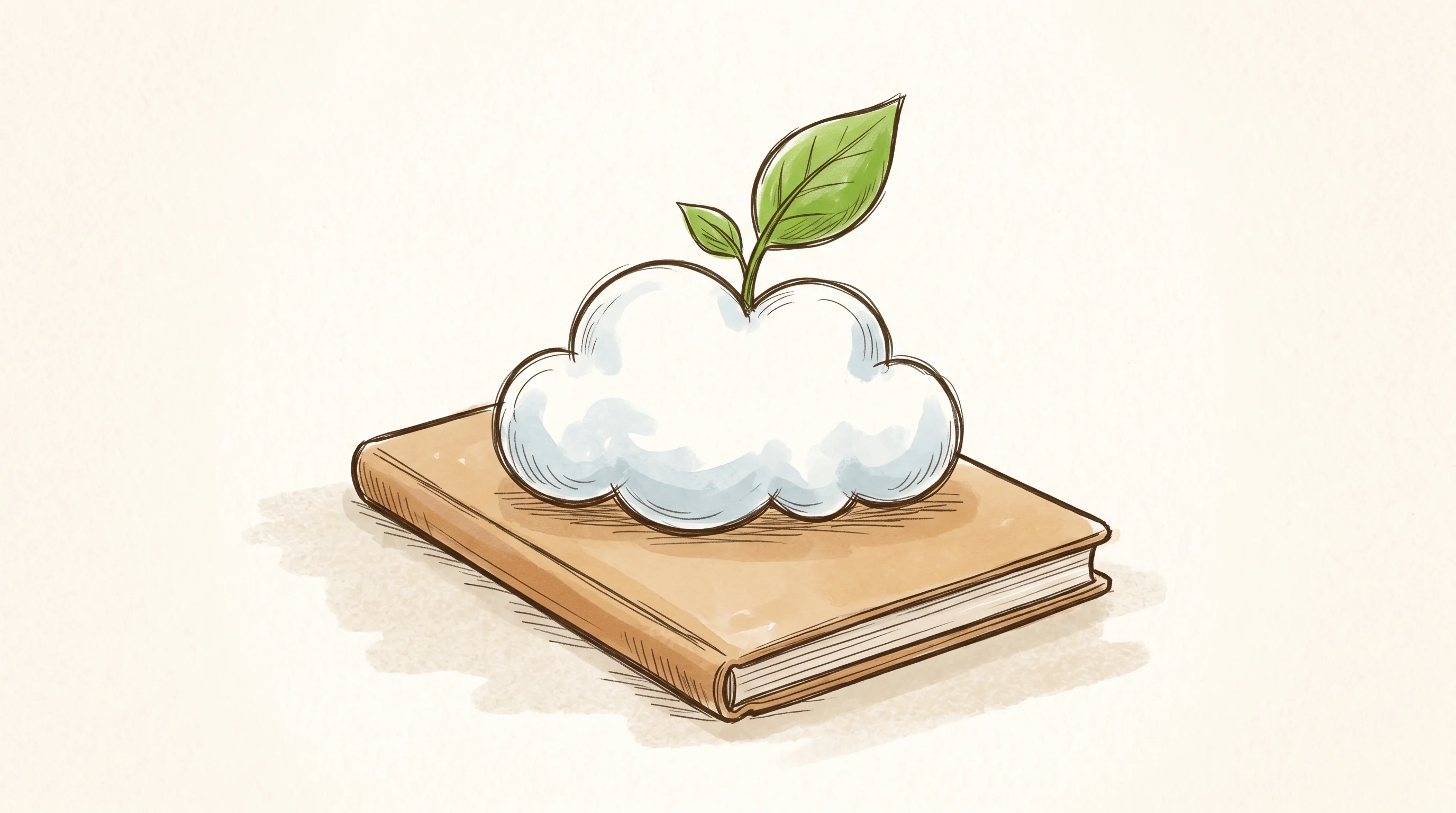Digital illustration for article section "A Training Ground for a New Discipline" in "Greenpixie Raises $6M to Tackle AI-Era Cloud Emissions at Scale" - A clean, minimal composition featuring a stylized, fluffy cloud resting on a simple closed notebook,...