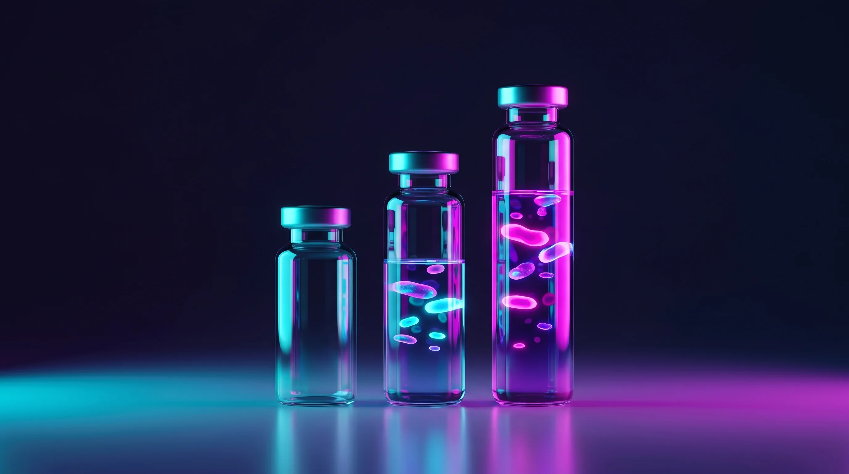 Digital illustration for article section "The Pricing Bet" in "Circle Medical Founders Launch Clara: AI Primary Care with $12M" - A clean, minimalist conceptual still life featuring three sleek, modern glass laboratory vials arran...