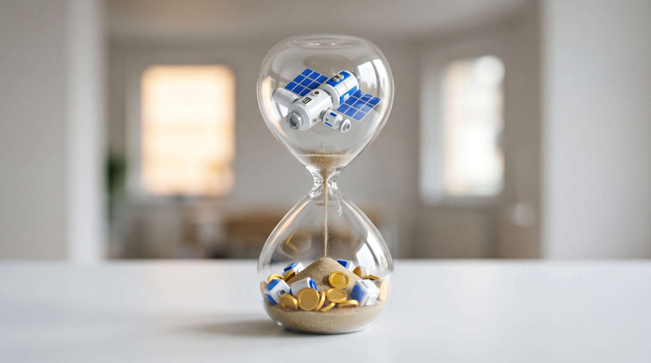 Digital illustration for article section "The Clock Is Ticking" in "BioOrbit Launches Protein Drug Factory to Space Station" - A clean, minimal conceptual scene featuring a sleek, stylized miniature plastic toy space station mo...