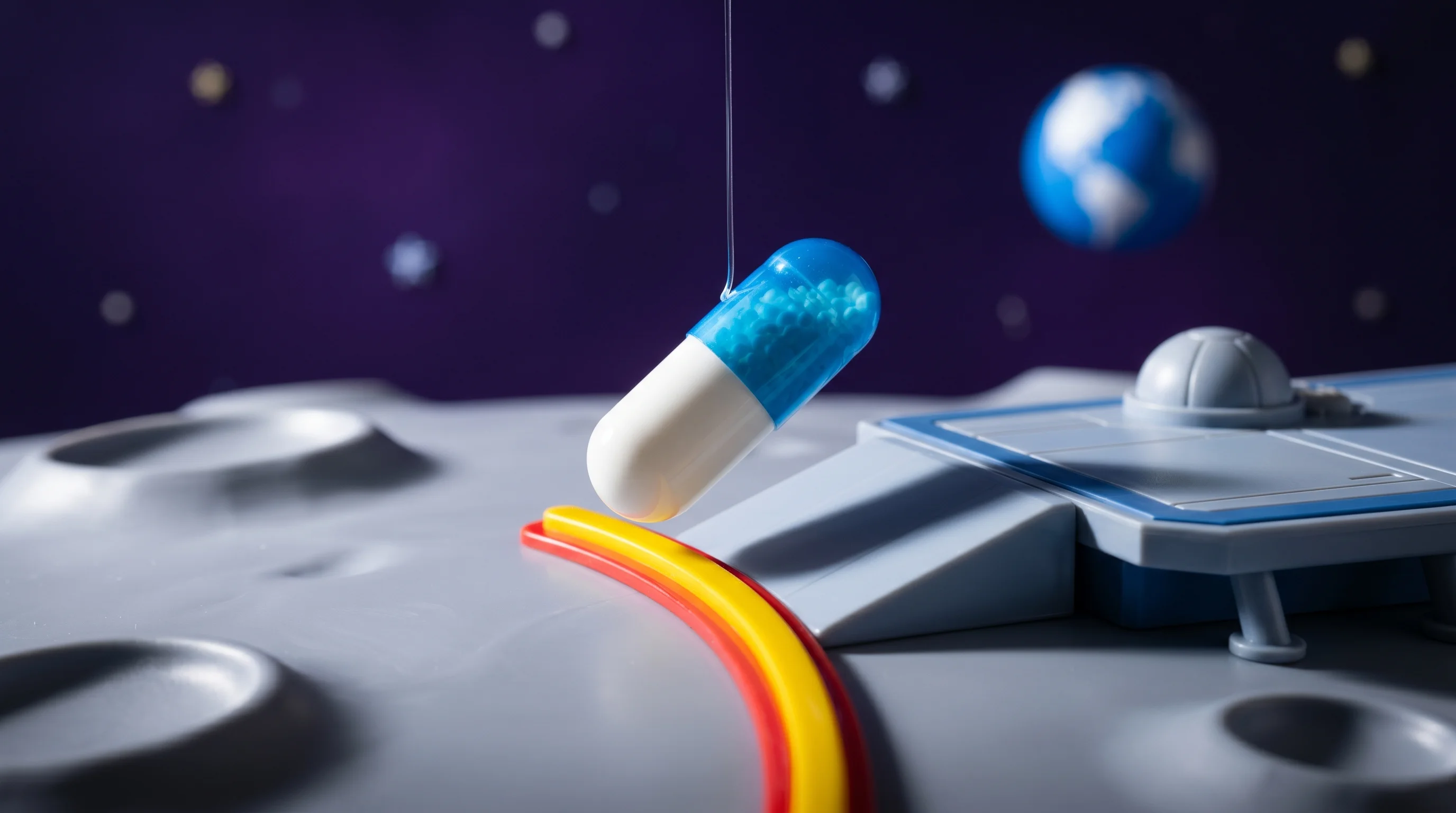 Digital illustration for article section "The Milestone That Matters" in "BioOrbit Launches Protein Drug Factory to Space Station" - A macro photography shot of a meticulously crafted miniature scene representing a major milestone in...