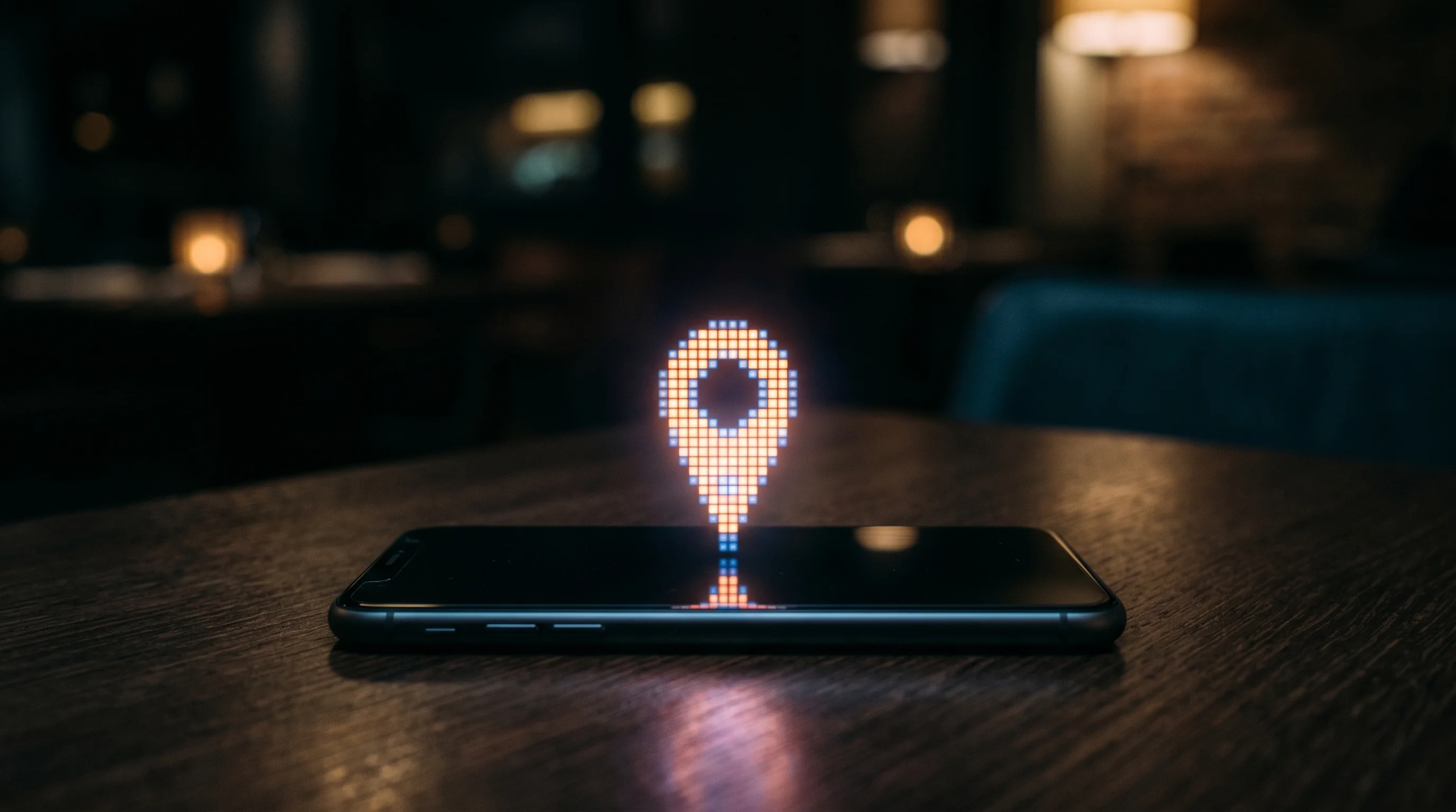 Digital illustration for article section "Why the Social Signal Arms Race Matters" in "Solo Founder Takes On DoorDash in Crowded AI Restaurant Discovery Race" - A sleek, minimalist smartphone resting flat on a smooth, dark restaurant table, with a single, glowi...