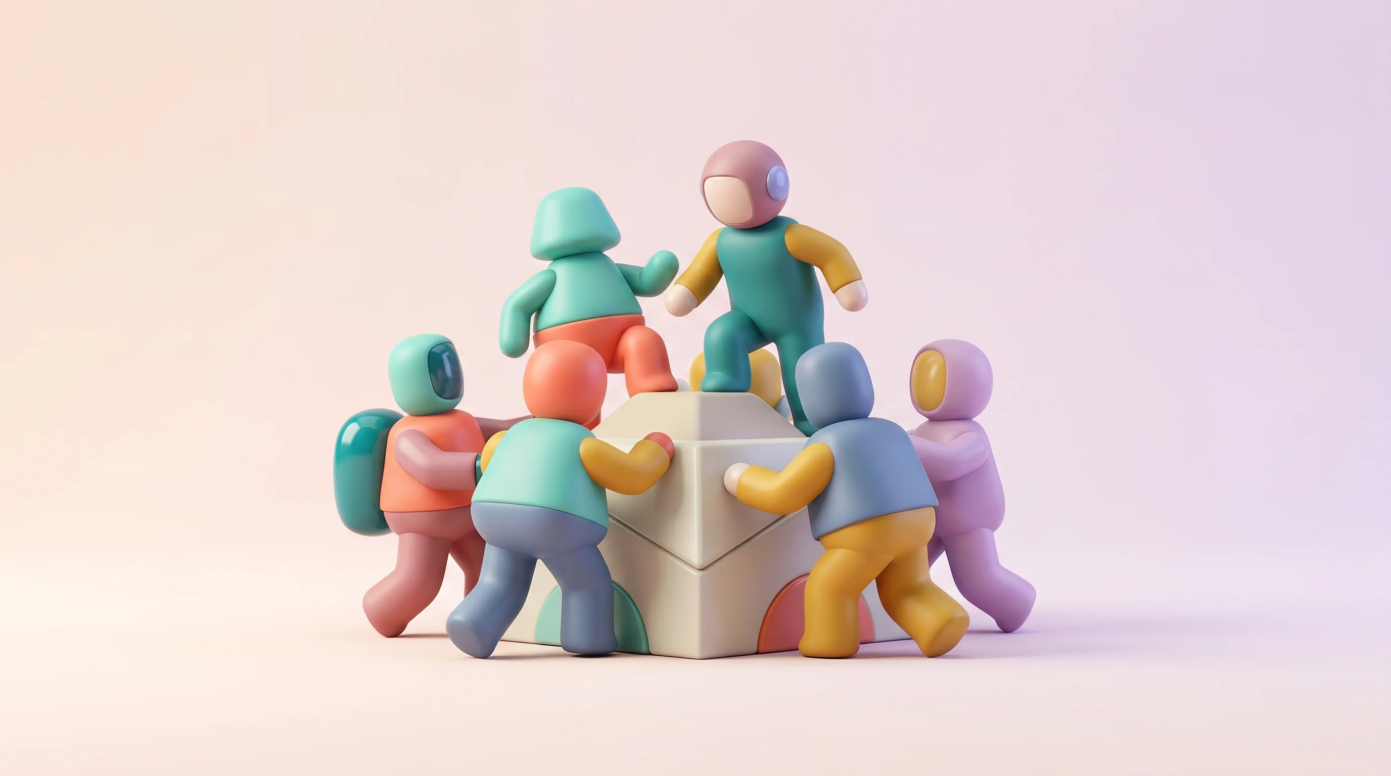 Digital illustration for article section "A Crowded, Suddenly Urgent Market" in "Kovva Launches AI Agents to Bridge Cross-Platform Marketing Data" - A conceptual, minimalist 3D illustration depicting a sudden "land rush" in the ad tech market, featu...