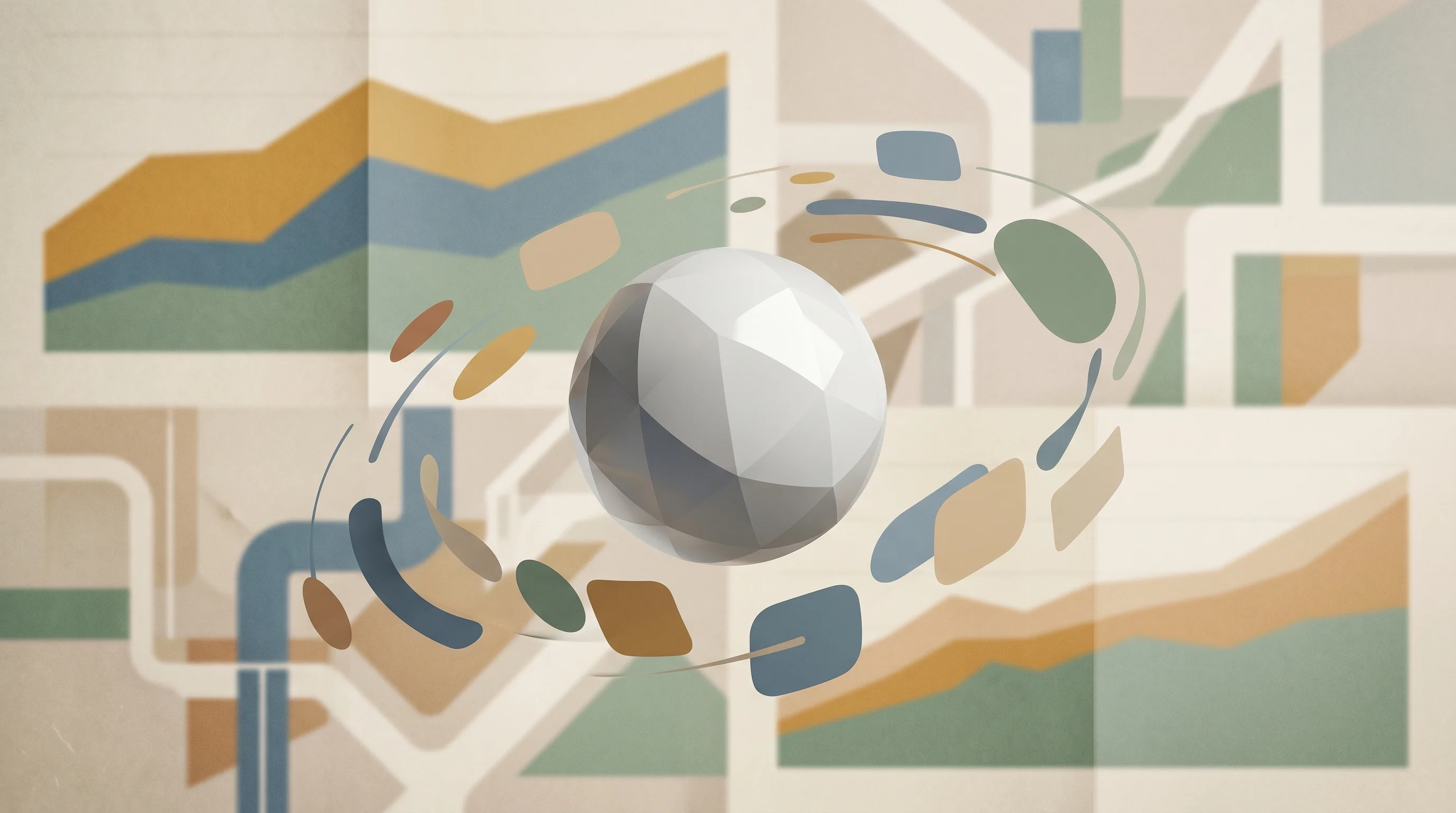 Digital illustration for article section "A Crowded Moment for Agentic AI" in "Kovva Launches AI Agents to Connect Fragmented Media Buying Platforms" - A surreal digital collage conceptualizing a crowded, fast-moving market of autonomous AI agents, cen...