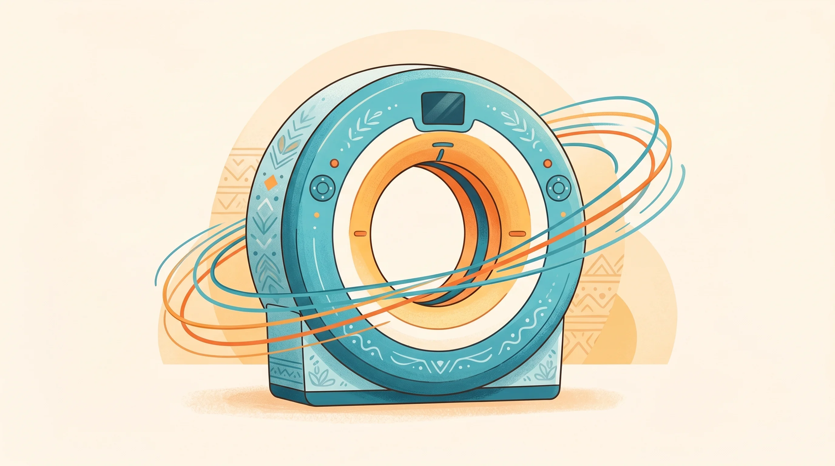 Digital illustration for article section "What Comes Next" in "How Adialante Made MRI 80% Lighter for Early Cancer Detection" - A conceptual, minimalist illustration of a modern MRI scanner ring, symbolizing the future of access...