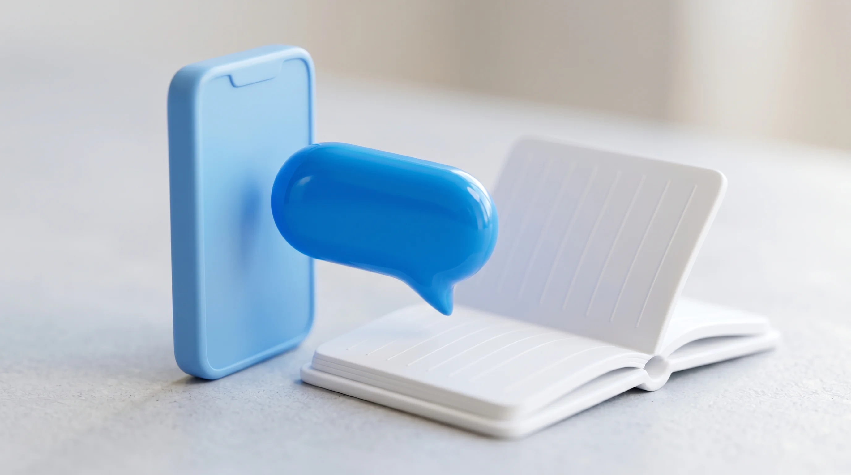 Digital illustration for article section "Telegram, Surprisingly Central" in "Files.md Launches as Open-Source Obsidian Alternative, Draws 700+ HN Votes" - A macro photography shot of a clean, minimalist miniature scene featuring a stylized, smooth plastic...