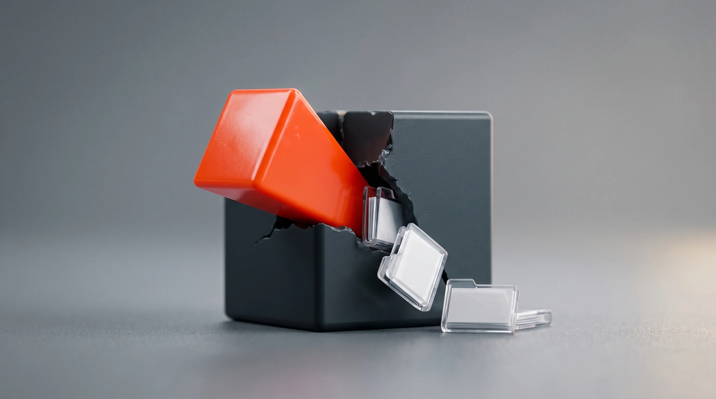Digital illustration for article section "Open Source as Wedge Issue" in "Files.md Launches as Open-Source Obsidian Alternative, Draws 700+ HN Votes" - A clean, minimal macro photography shot of a brightly colored, glossy plastic wedge driving into and...