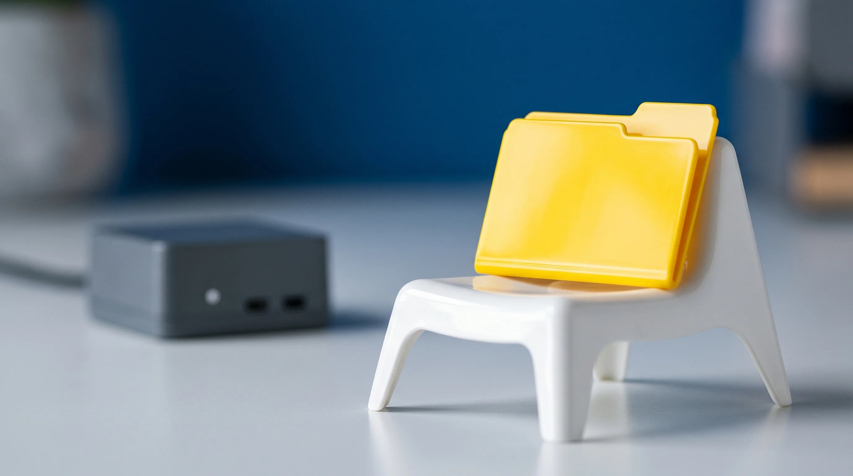 Digital illustration for article section "What Comes Next (If Anything)" in "Files.md Launches as Open-Source Obsidian Alternative, Draws 700+ HN Votes" - A macro photography shot of a clean, minimalist conceptual workspace featuring a single, bright yell...