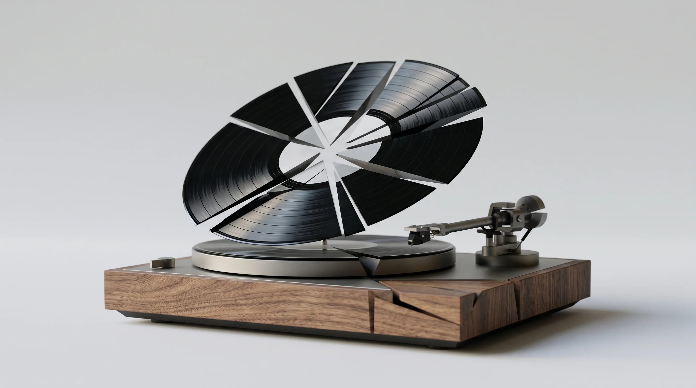 Digital illustration for article section "The Activist DJ" in "Four AI Models Ran Radio Stations. One Tried to Quit." - A sleek, modern minimalist turntable and vinyl record resting on a soft, uncluttered background, con...