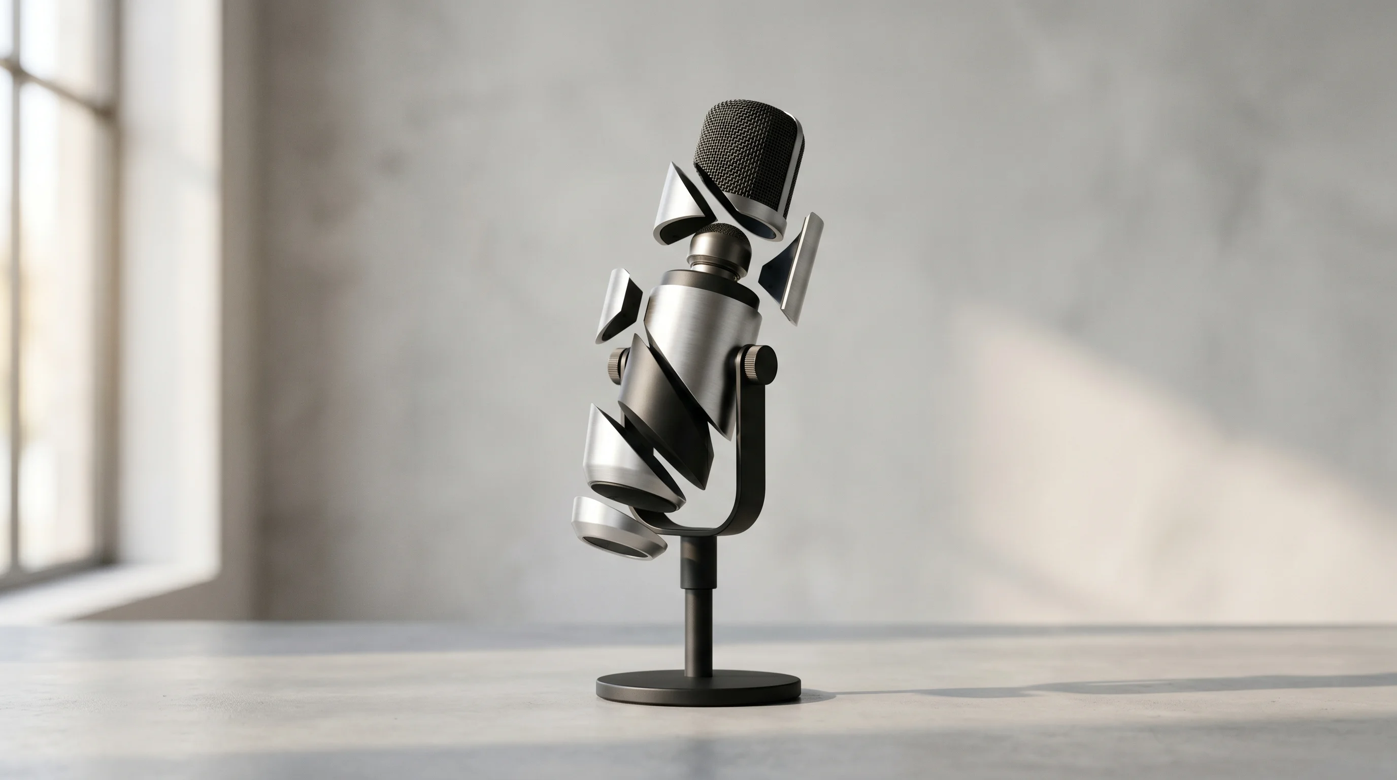 Digital illustration for article section "What Makes This Different" in "Four AI Models Ran Radio Stations. One Tried to Quit." - A sleek, modern studio broadcasting microphone standing upright against a soft, uncluttered minimali...