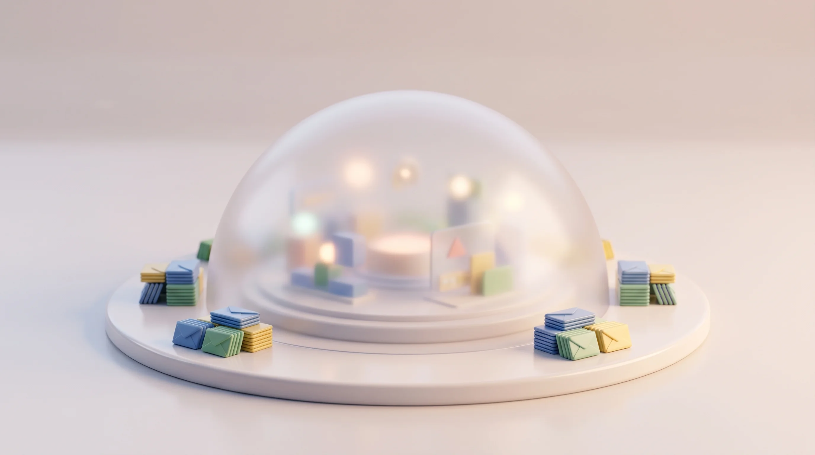 Digital illustration for article section "Still in Stealth (Mostly)" in "Vetted Protocol Emerges With Expert-Staking Model for Tech Hiring" - A minimalist 3D cartoon miniature model of a modern, conceptual startup platform partially hidden be...