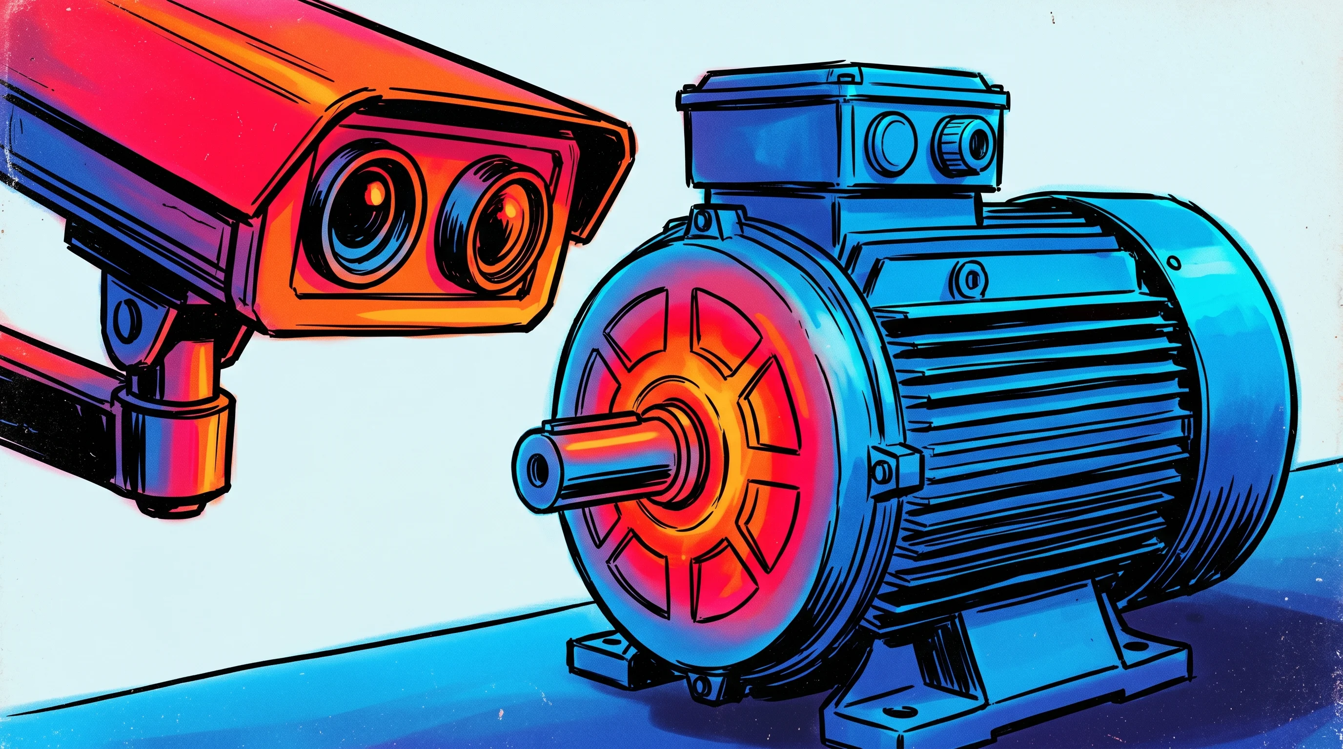 Digital illustration for article section "What AVIAN Actually Does" in "AVIAN Raises $2.6M to Prevent Industrial Fires with AI Thermal Cameras" - A clean, minimal composition featuring a dual-lens industrial monitoring camera focused intently on ...