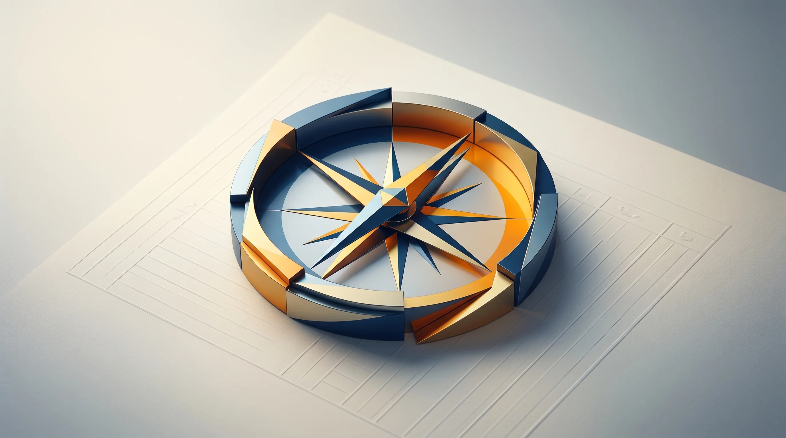 Digital illustration for article section "A Market Still Finding Itself" in "WithAI Debuts AI Command Centers for Institutional Investors" - A conceptual, minimalist composition featuring a large, abstract navigational compass resting on a s...